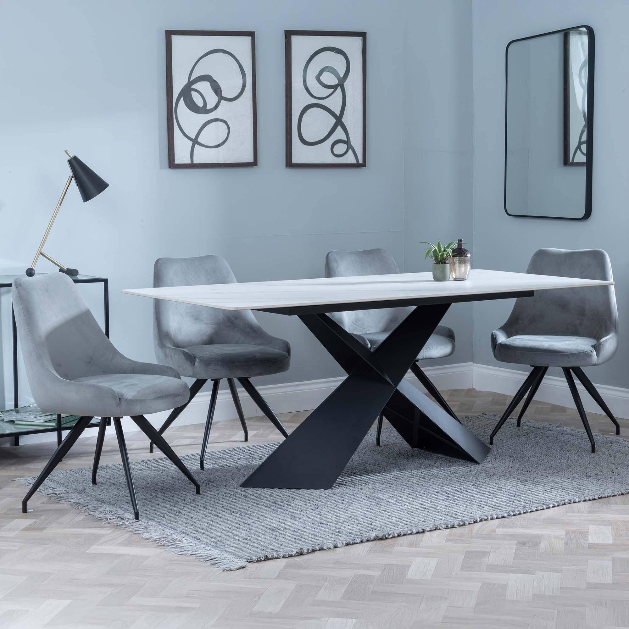 Merlin Dining Set - 6 Seater - 180cm - White Ceramic - Arctic Swivel Dining Chairs - Grey Velvet Fabric