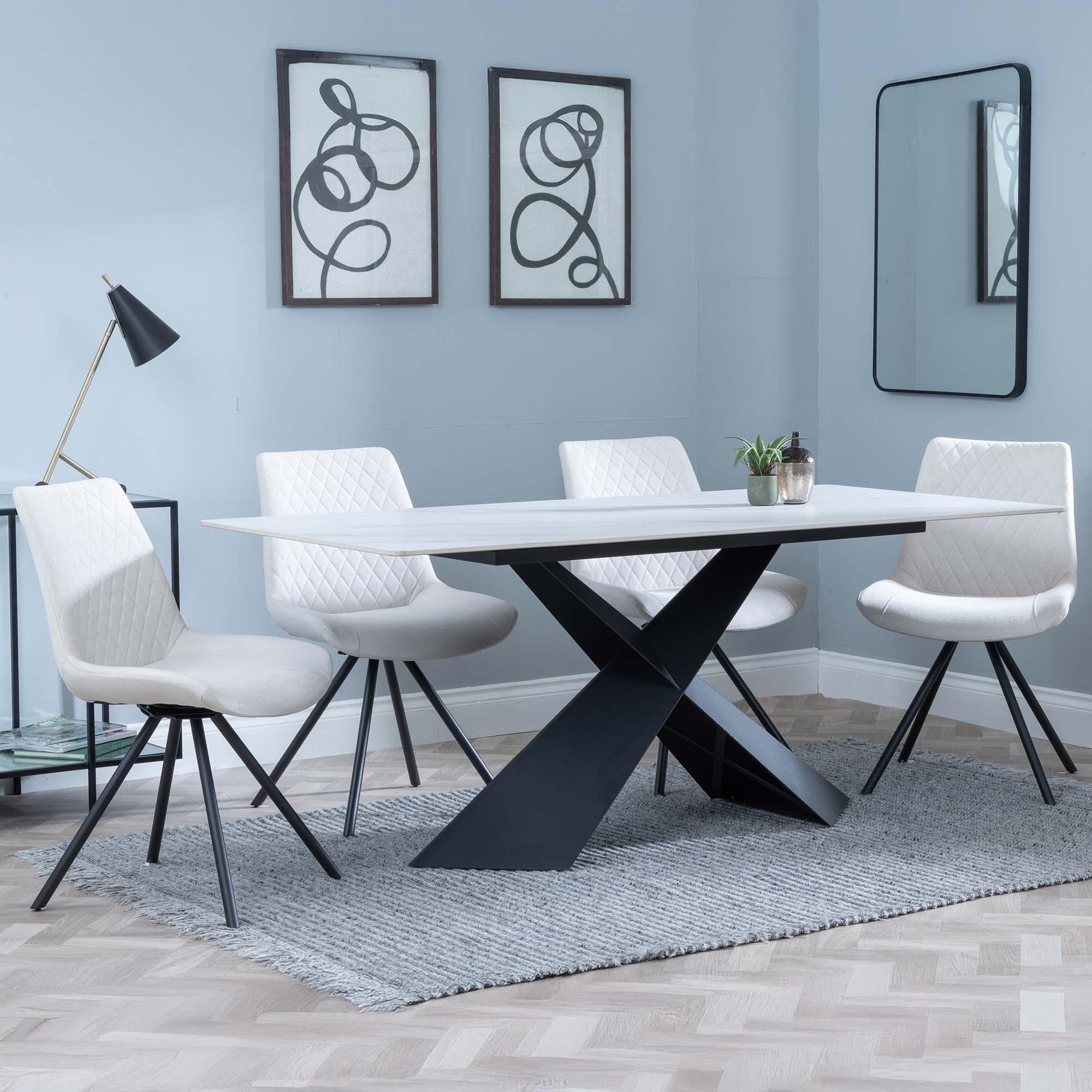 Merlin Dining Set - 6 Seater - 180cm - White Ceramic - Boden Swivel Dining Chairs - Cream Fabric