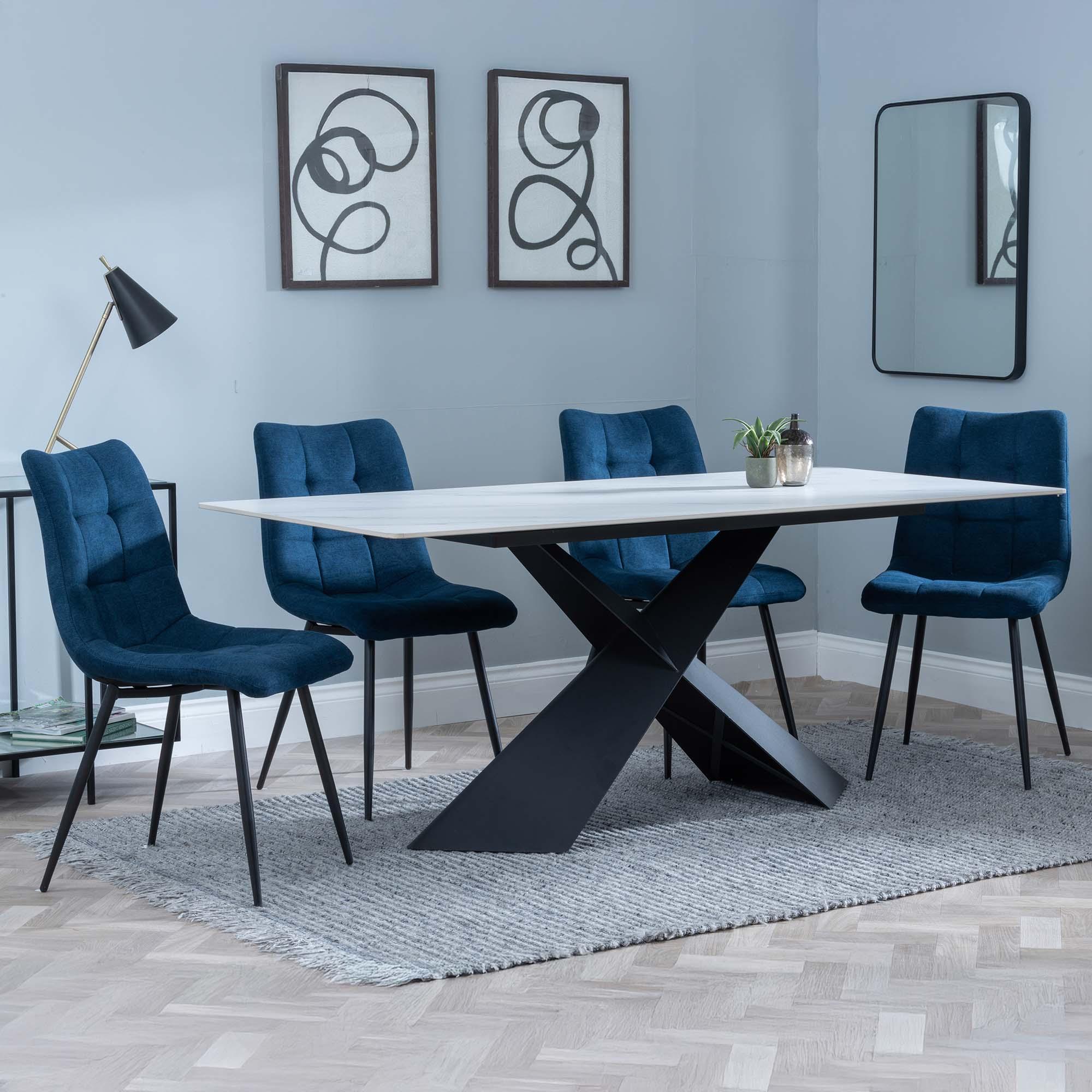Merlin Dining Set - 6 Seater - 180cm - White Ceramic - Corona Dining Chairs - Blue Fabric