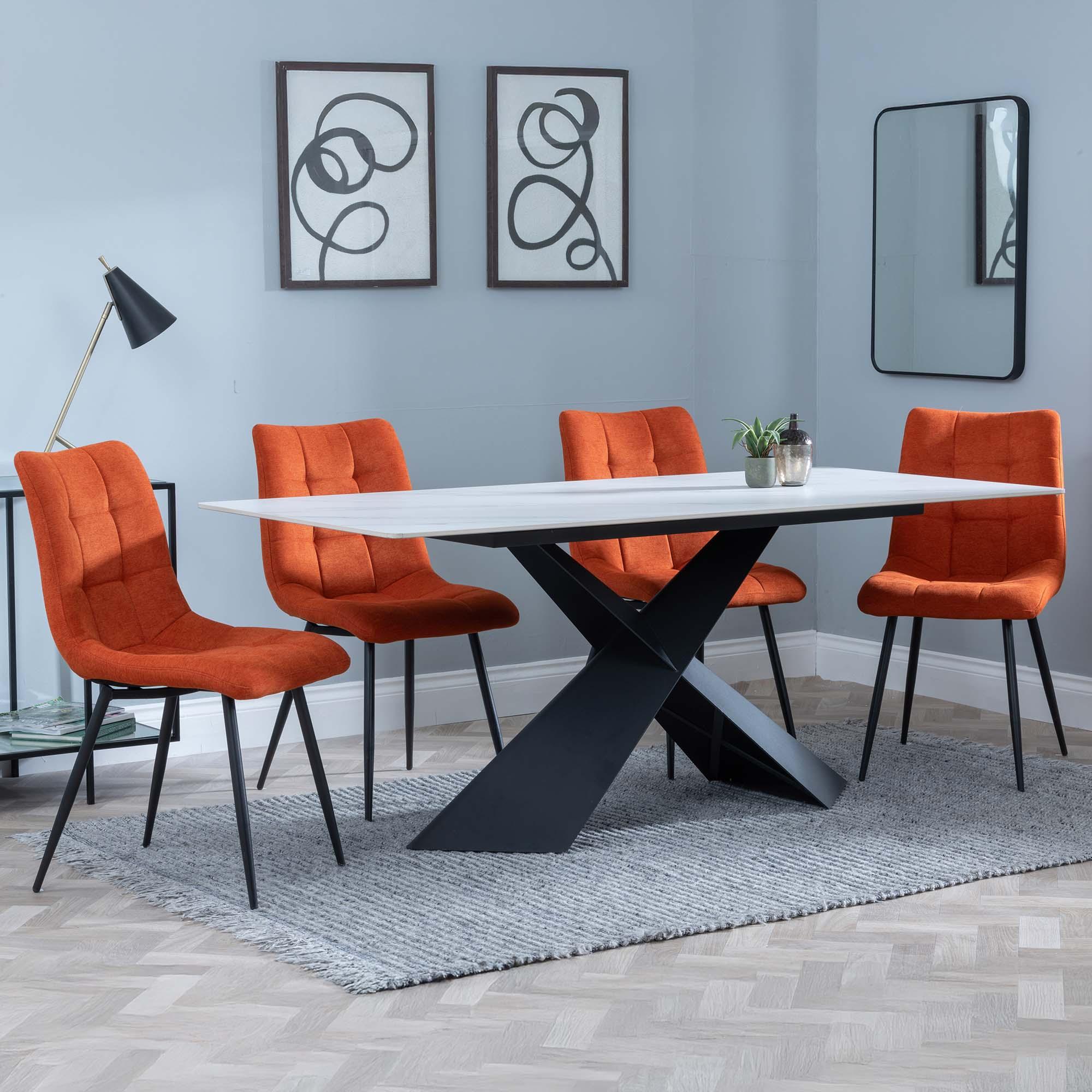 Merlin Dining Set - 6 Seater - 180cm - White Ceramic - Corona Dining Chairs - Orange Fabric