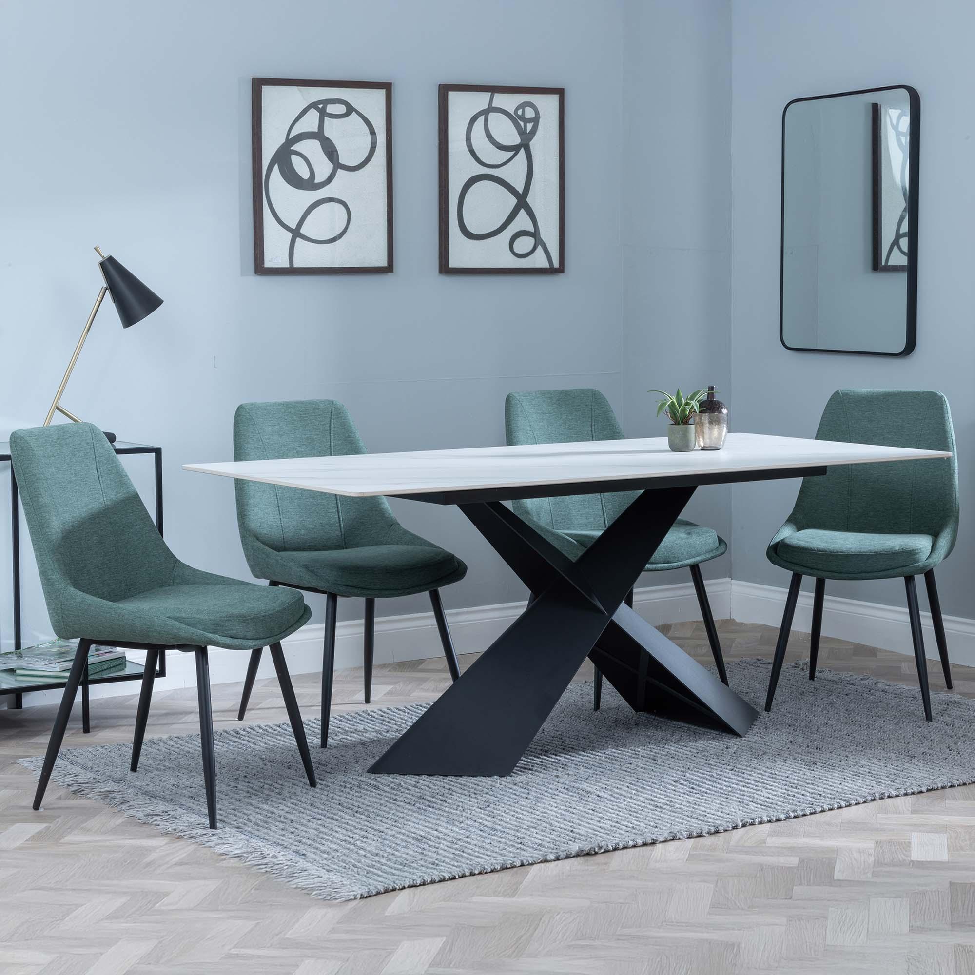 Merlin Dining Set - 6 Seater - 180cm - White Ceramic - Darwin Dining Chairs - Green Fabric
