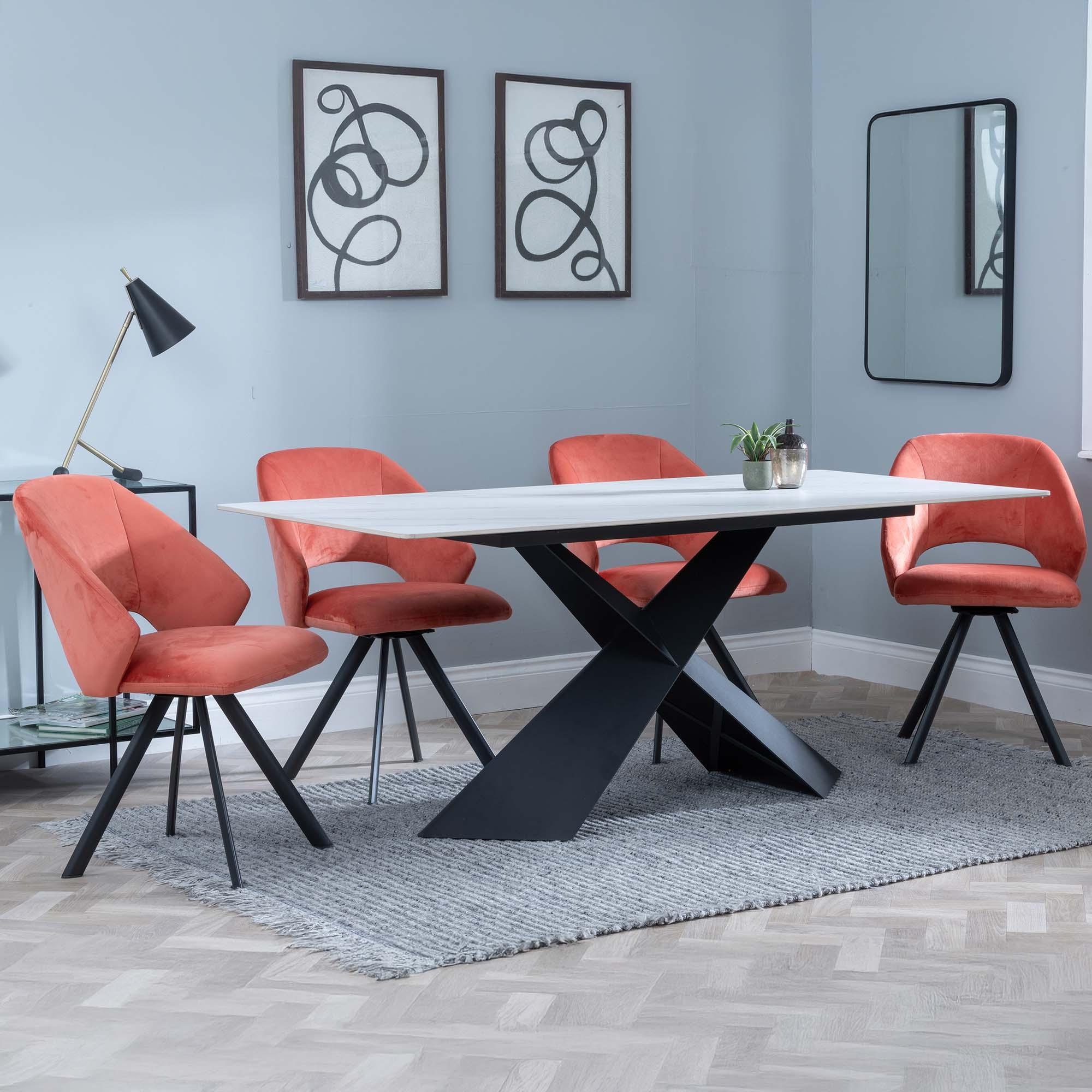 Merlin Dining Set - 6 Seater - 180cm - White Ceramic - Ion Swivel Dining Chairs - Orange Velvet Fabric
