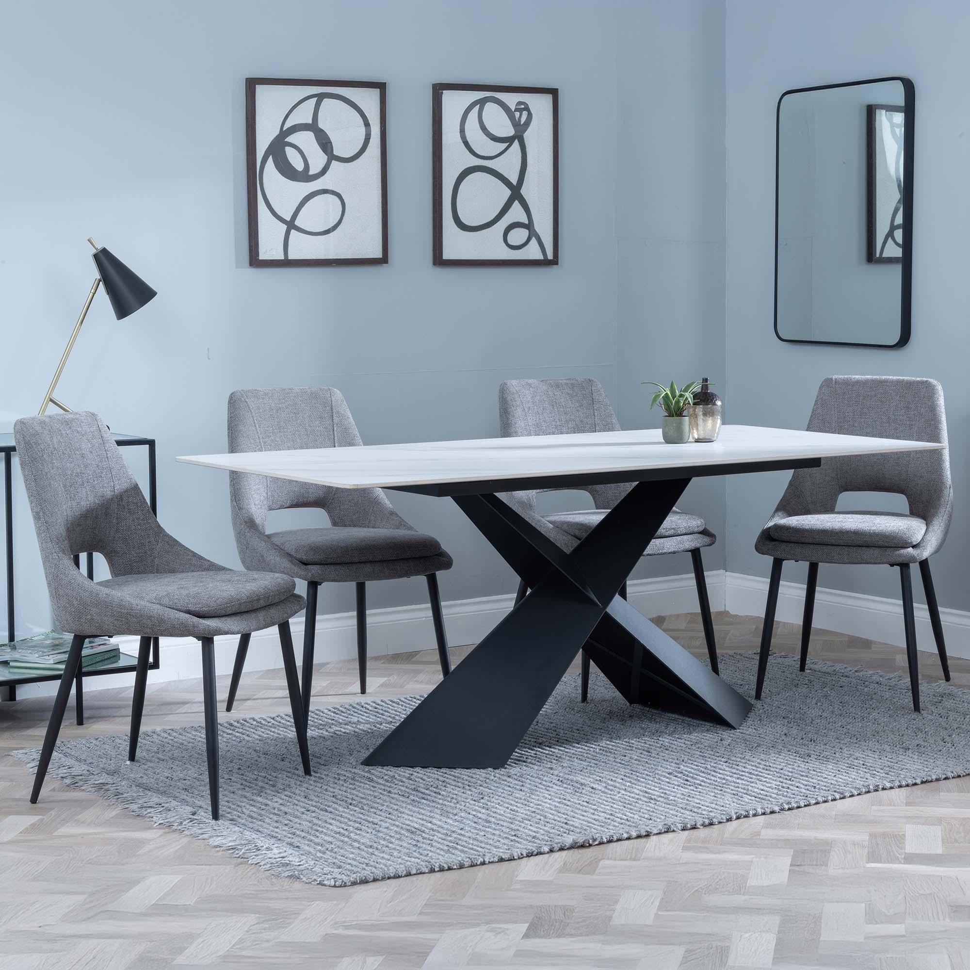 Merlin Dining Set - 6 Seater - 180cm - White Ceramic - Peyton Dining Chairs - Grey Fabric