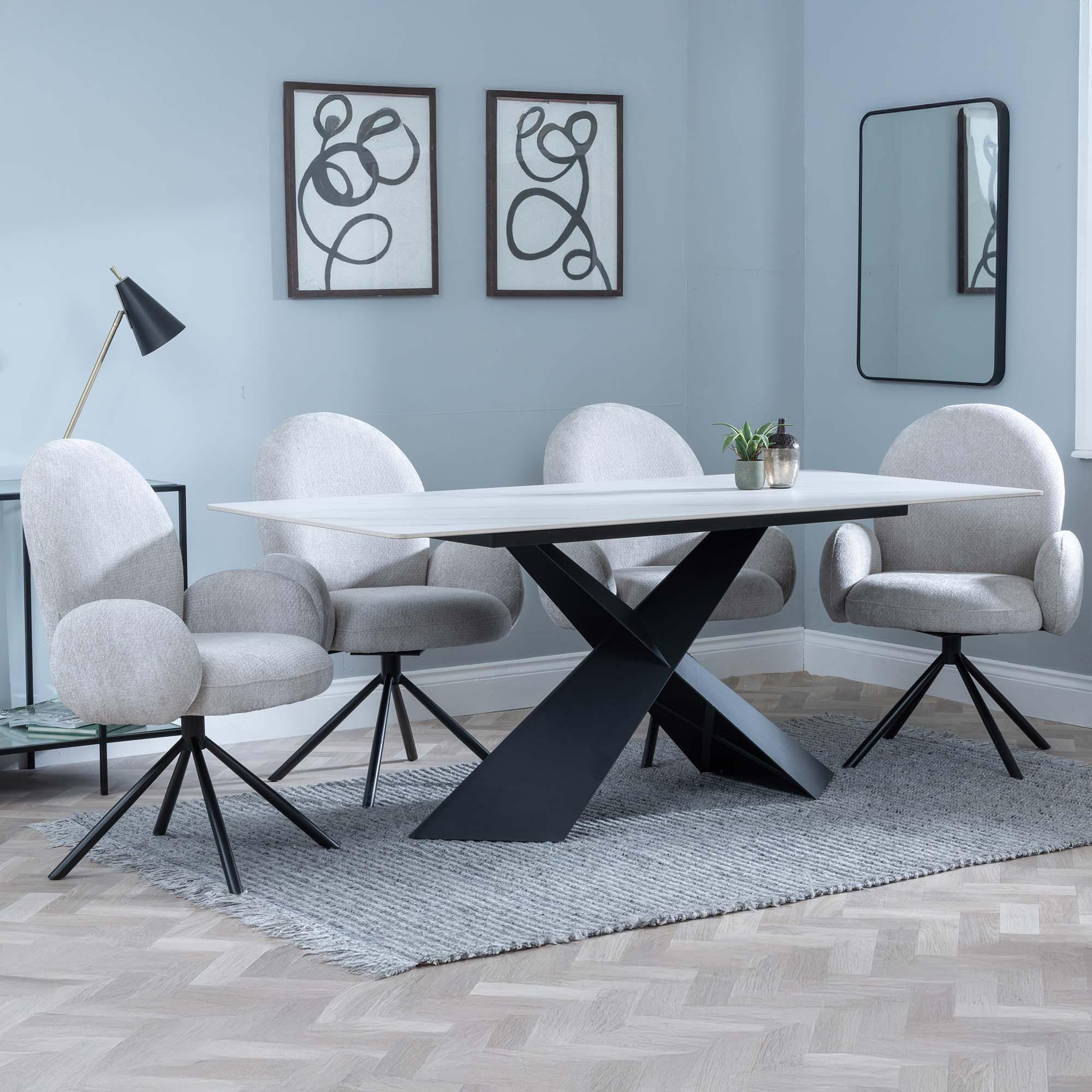 Merlin Dining Set - 6 Seater - 180cm - White Ceramic - Theo Swivel Dining Chairs - Grey Fabric