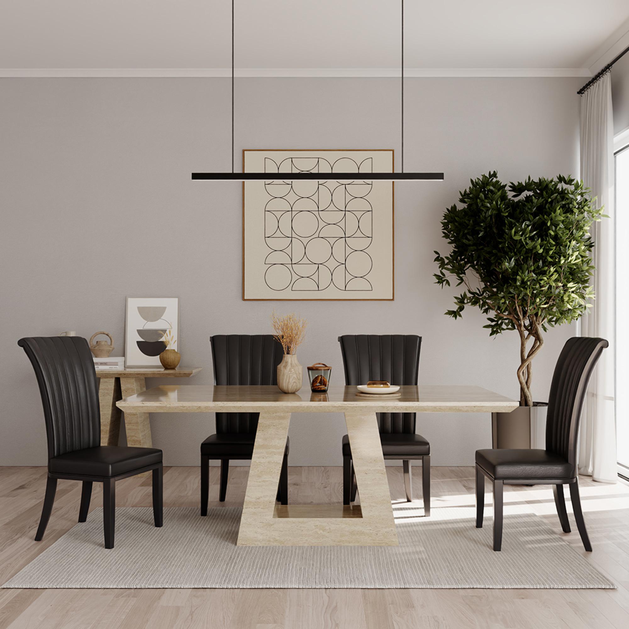 Milan Dining Set - 6 Seater - 160cm - Travertine Beige Engineered Marble - Cadiz Dining Chairs - Black Leather
