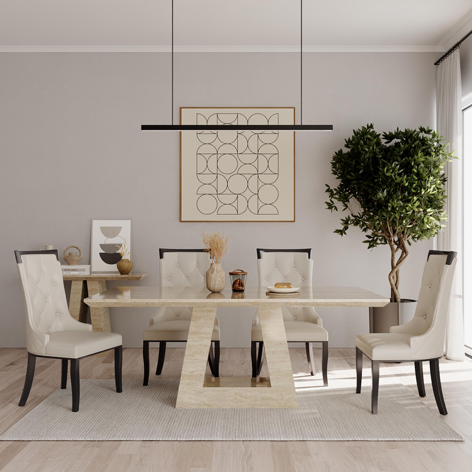 Milan Dining Set - 6 Seater - 160cm - Travertine Beige Engineered Marble - Carmela Dining Chairs - Cream Leather