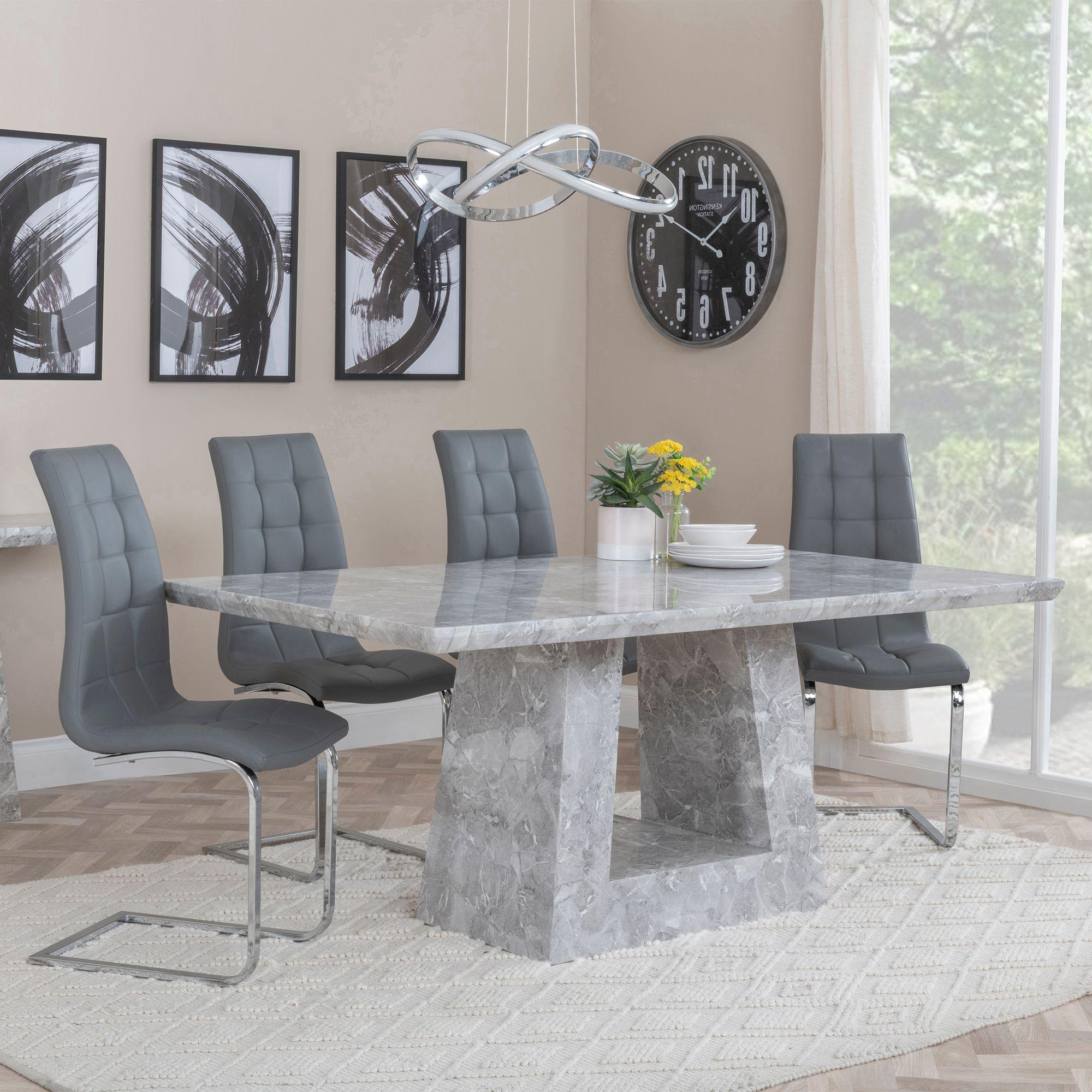 Milan Dining Set - 6 Seater - 160cm - Grey Marble - Jamison Dining Chairs - Grey Faux Leather