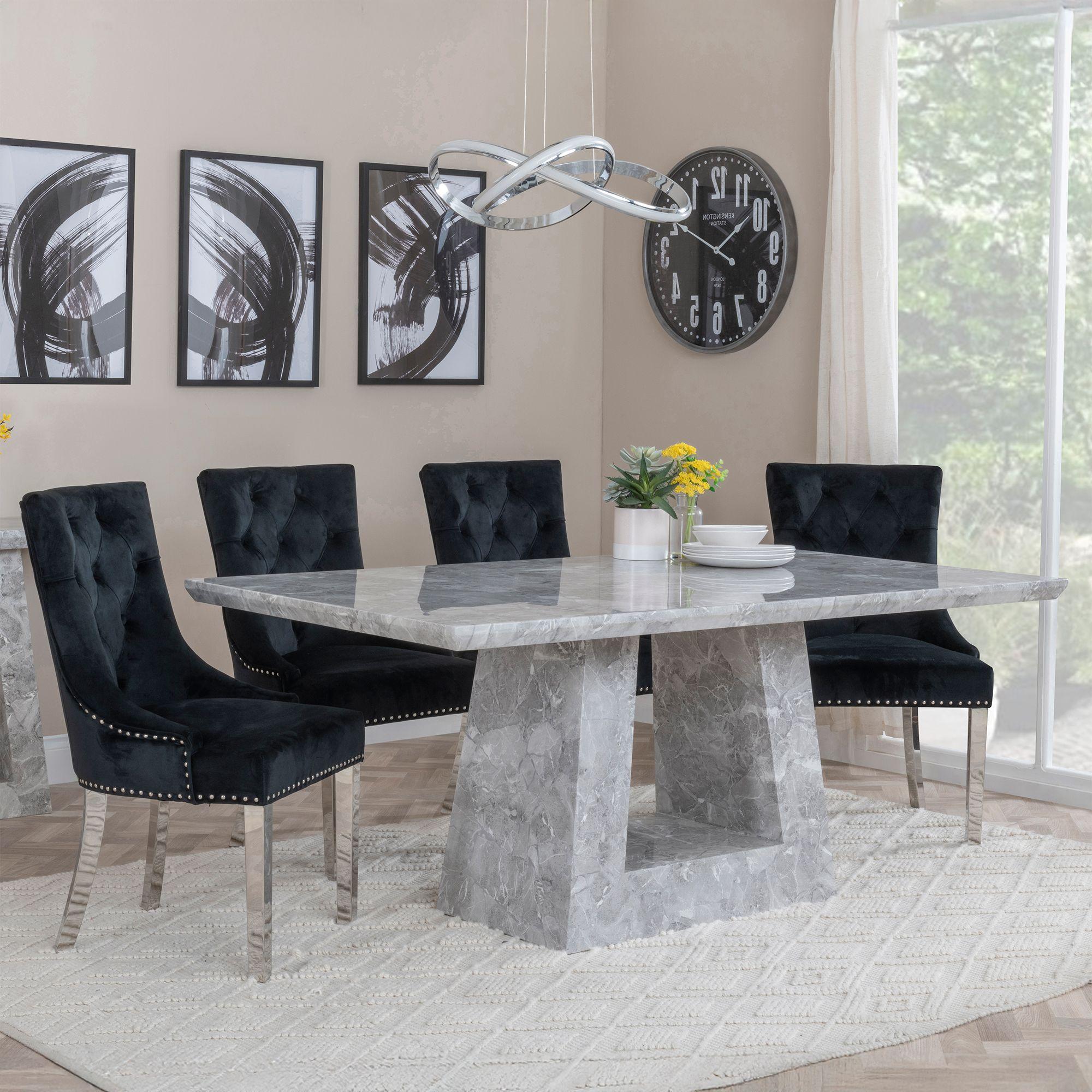 Milan Dining Set - 6 Seater - 160cm - Grey Marble - Knocker Back Dining Chairs - Black Velvet Fabric - Chrome Legs