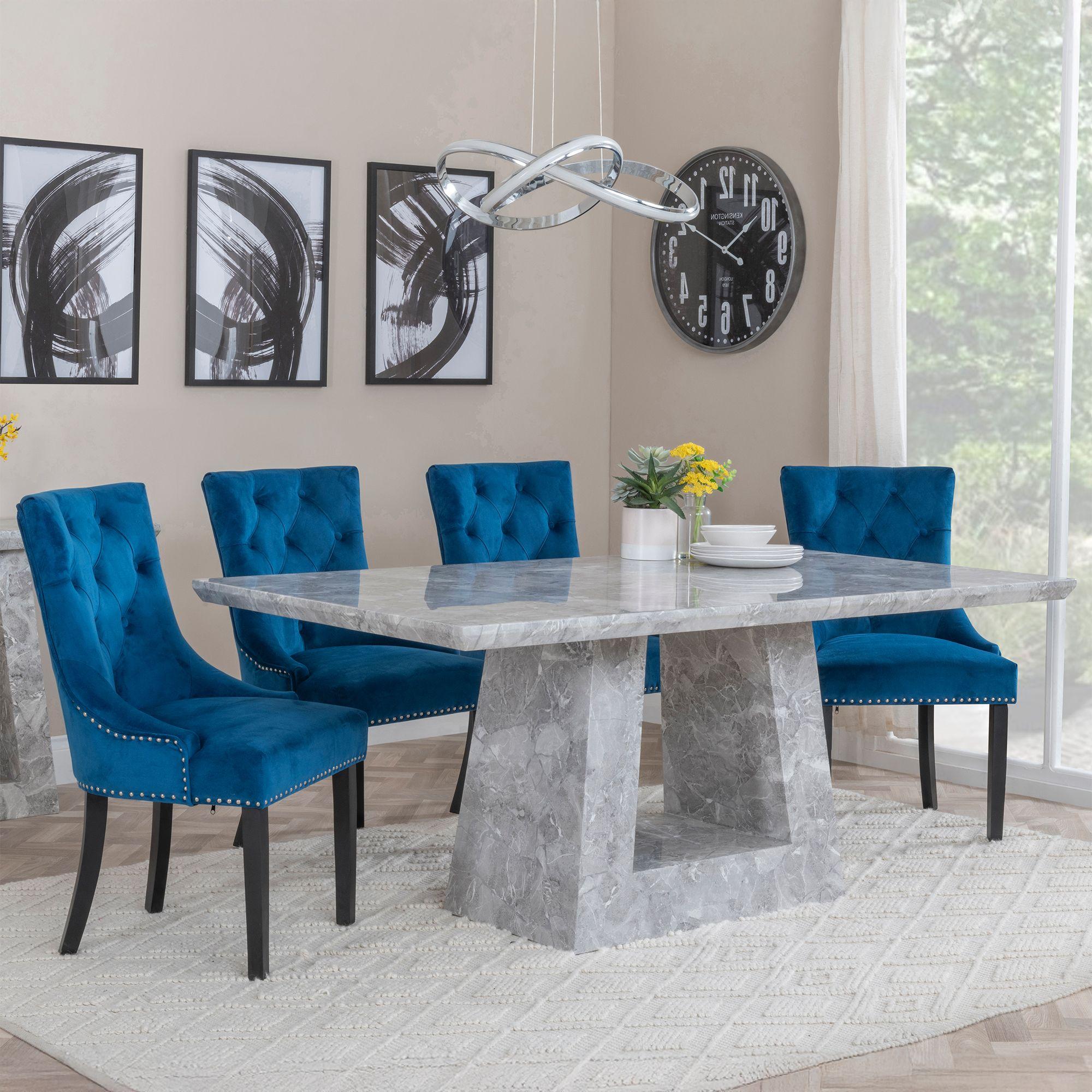 Milan Dining Set - 6 Seater - 160cm - Grey Marble - Knocker Back Dining Chairs - Blue Velvet Fabric - Black Wooden Legs