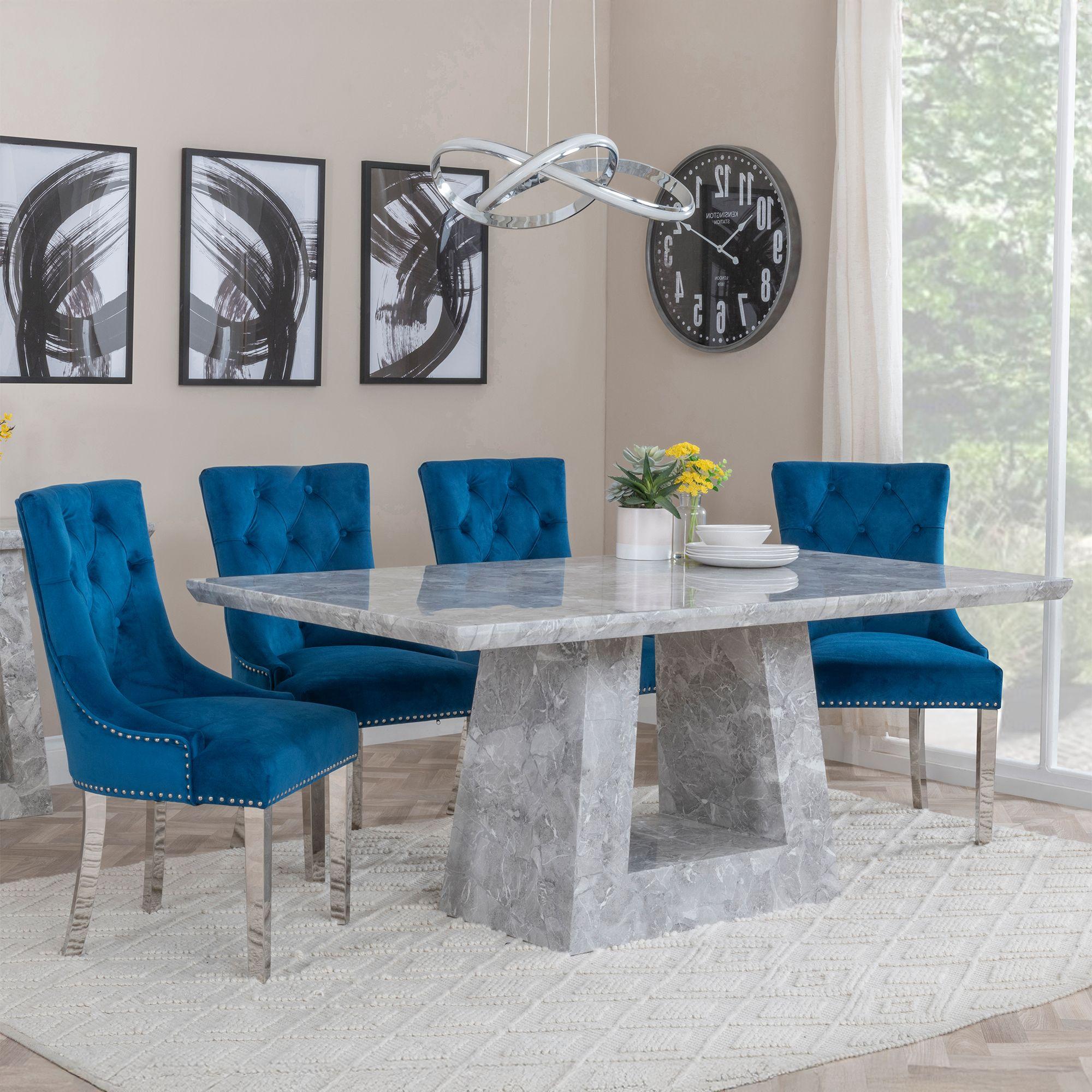 Milan Dining Set - 6 Seater - 160cm - Grey Marble - Knocker Back Dining Chairs - Blue Velvet Fabric - Chrome Legs