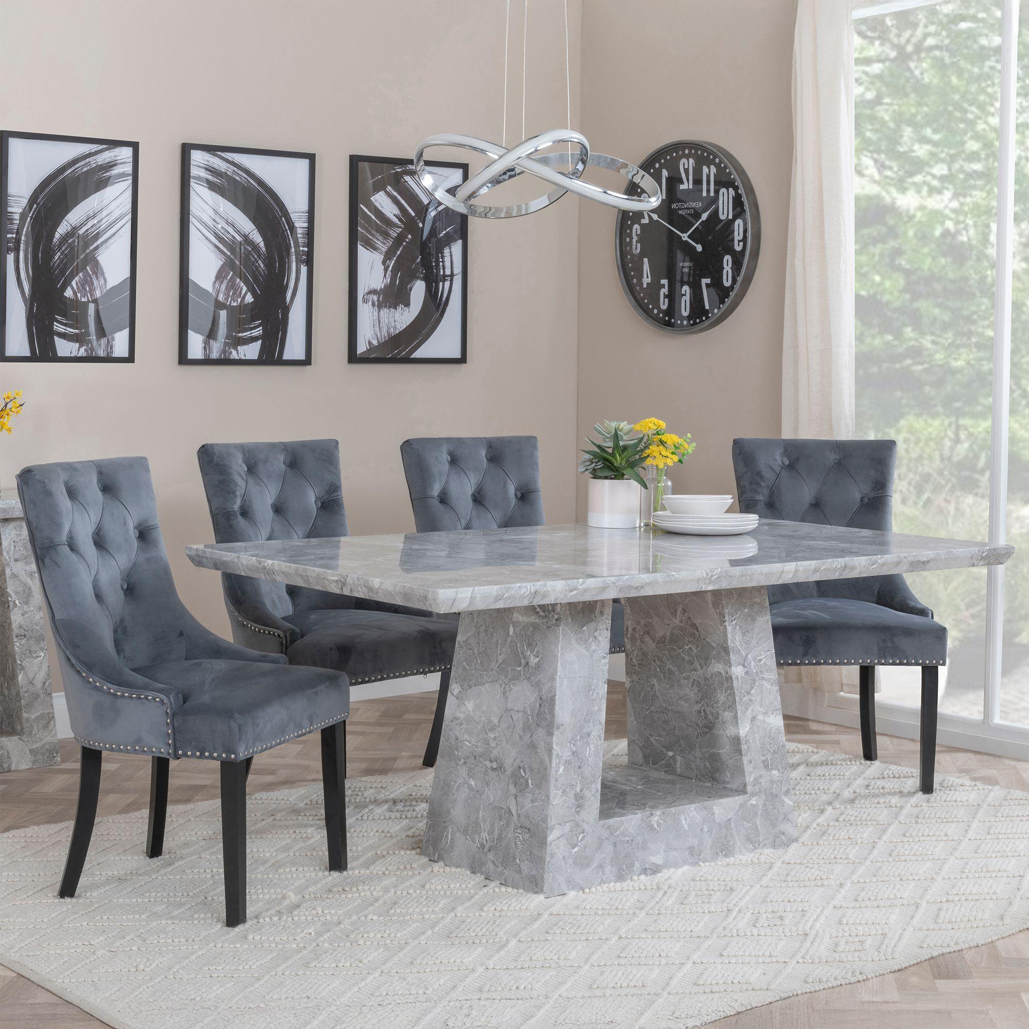 Milan Dining Set - 6 Seater - 160cm - Grey Marble - Knocker Back Dining Chairs - Grey Velvet Fabric - Black Wooden Legs