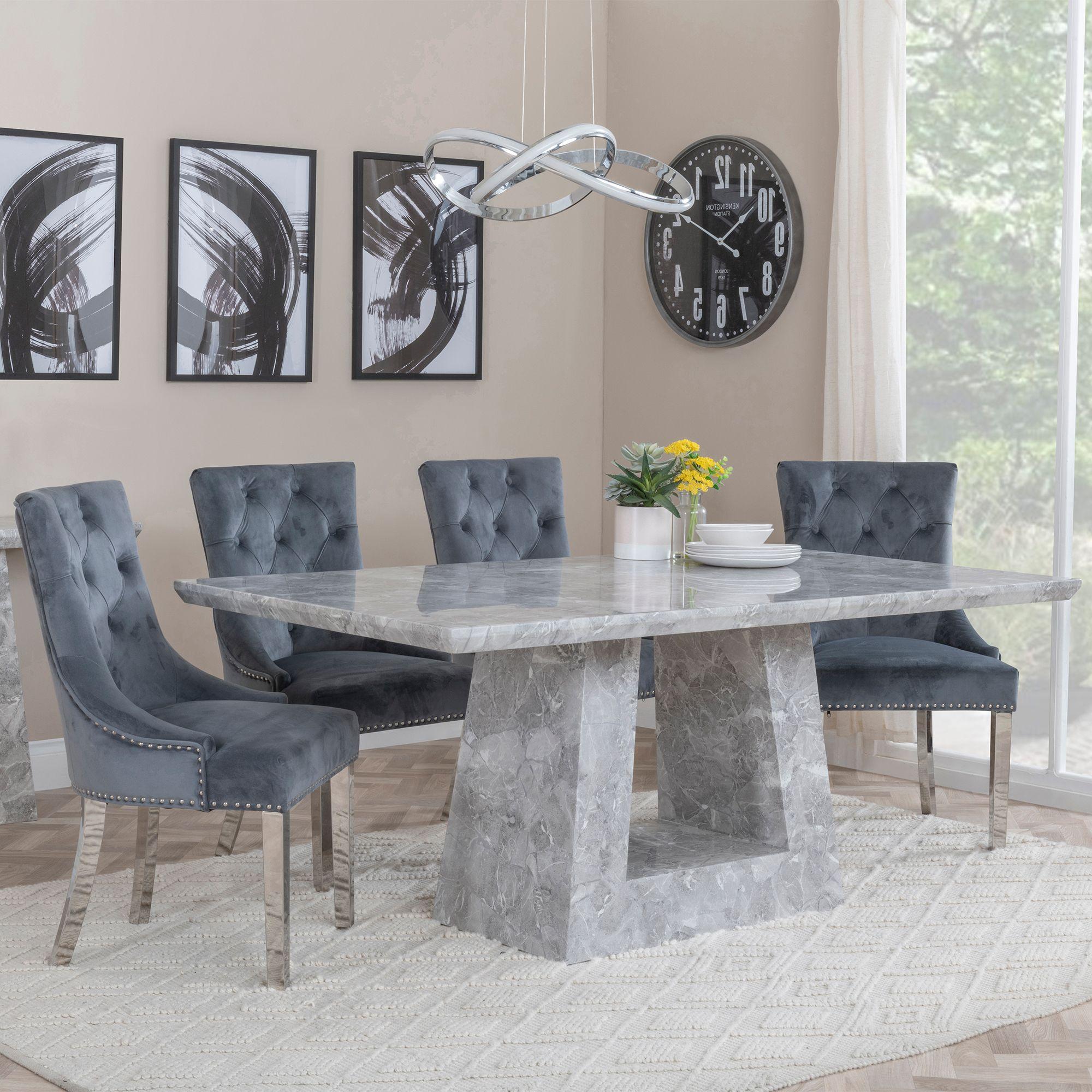 Milan Dining Set - 6 Seater - 160cm - Grey Marble - Knocker Back Dining Chairs - Grey Velvet Fabric - Chrome Legs