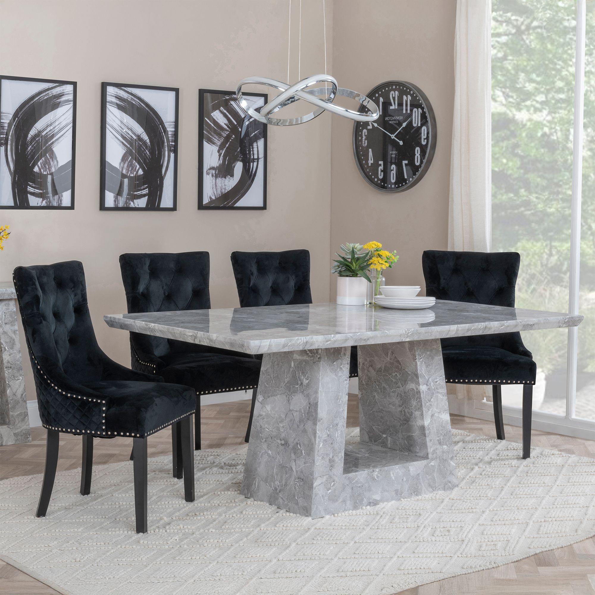 Milan Dining Set - 6 Seater - 160cm - Grey Marble - Lion Knocker Back Dining Chairs - Black Velvet Fabric - Black Wooden Legs