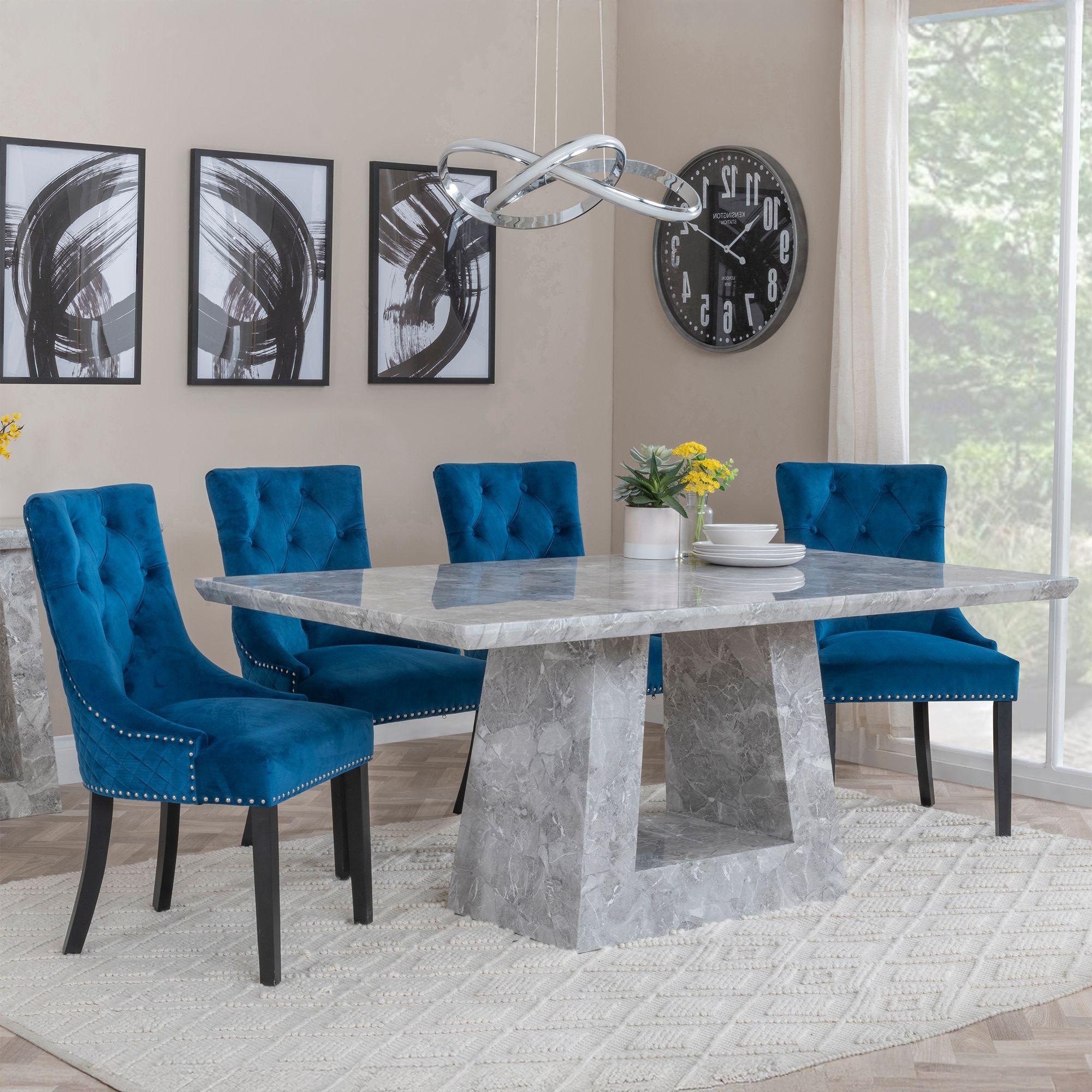 Milan Dining Set - 6 Seater - 160cm - Grey Marble - Lion Knocker Back Dining Chairs - Blue Velvet Fabric - Black Wooden Legs