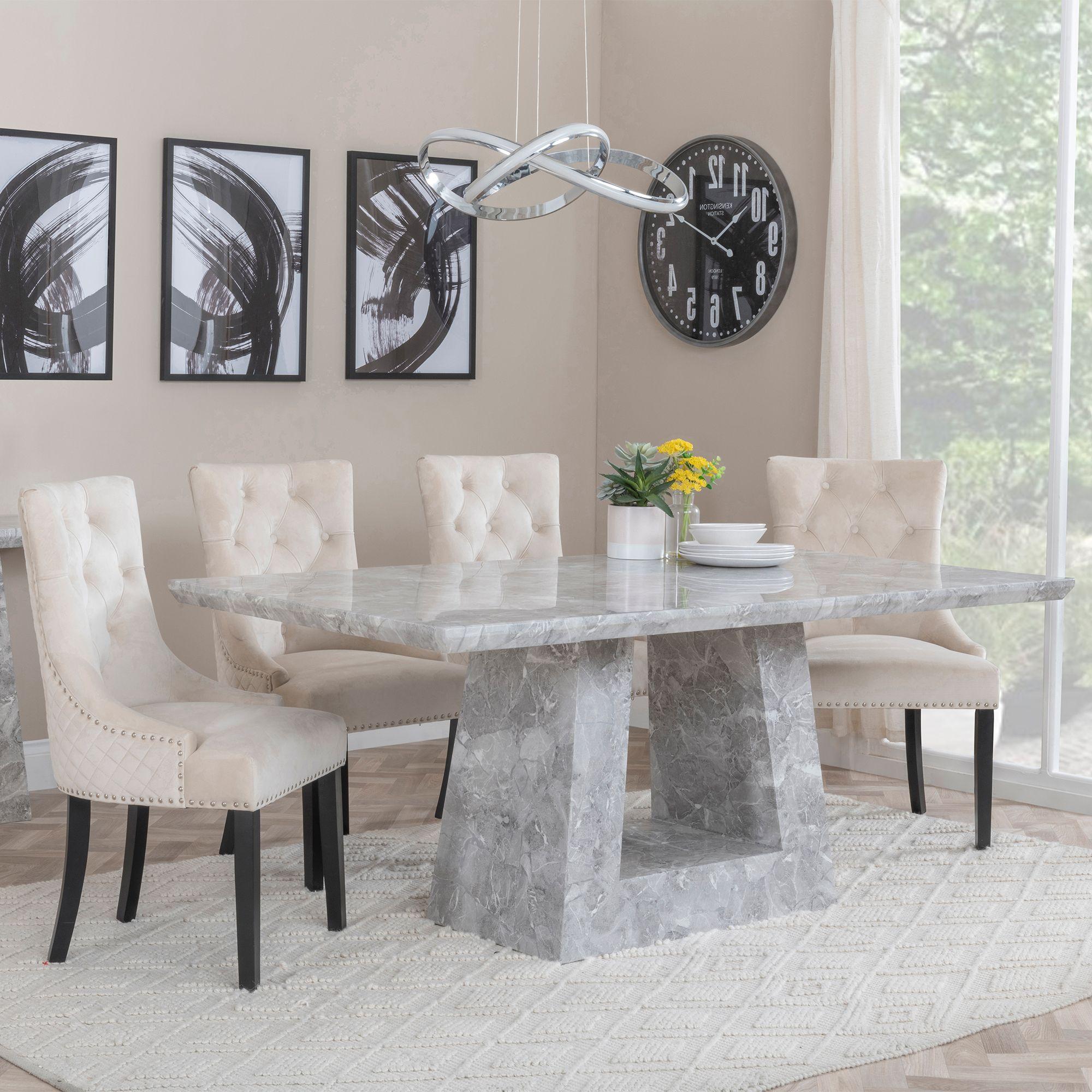 Milan Dining Set - 6 Seater - 160cm - Grey Marble - Lion Knocker Back Dining Chairs - Champagne Velvet Fabric - Black Wooden Legs