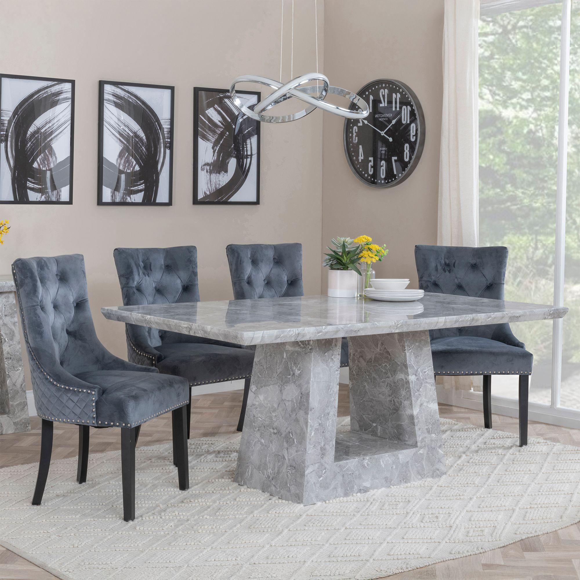 Milan Dining Set - 6 Seater - 160cm - Grey Marble - Lion Knocker Back Dining Chairs - Grey Velvet Fabric - Black Wooden Legs