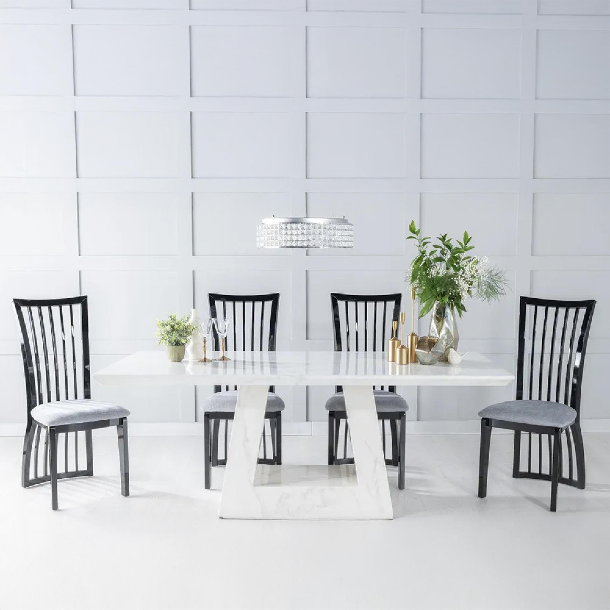 Milan Dining Set - 6 Seater - 160cm - White Marble - Athena Dining Chairs - Black High Gloss - Slatted Back - Grey Seat Pads
