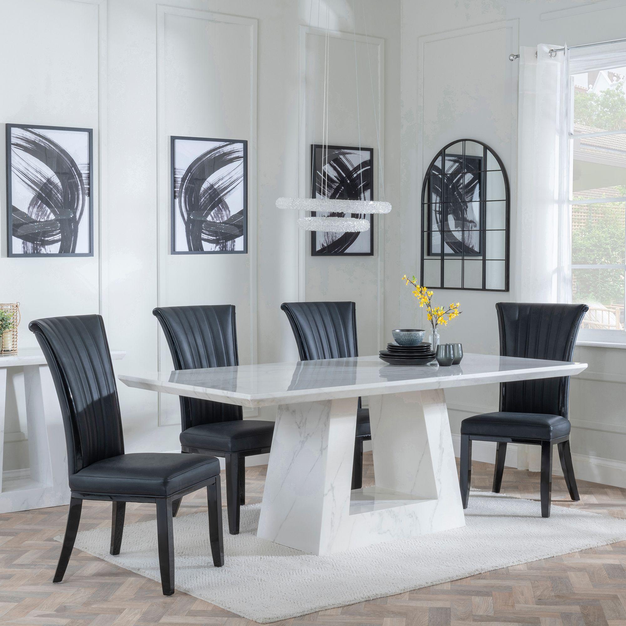 Milan Dining Set - 6 Seater - 160cm - White Marble - Cadiz Dining Chairs - Black Leather