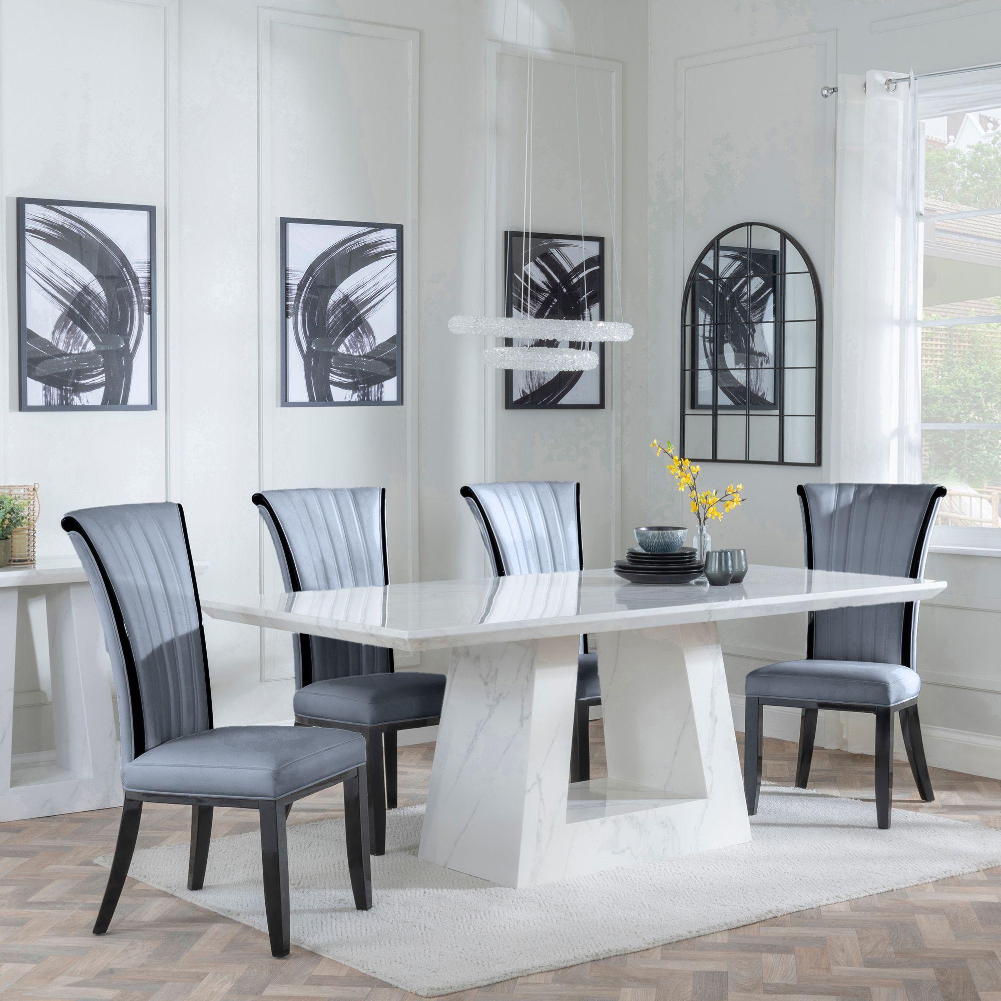 Milan Dining Set - 6 Seater - 160cm - White Marble - Cadiz Dining Chairs - Grey Leather