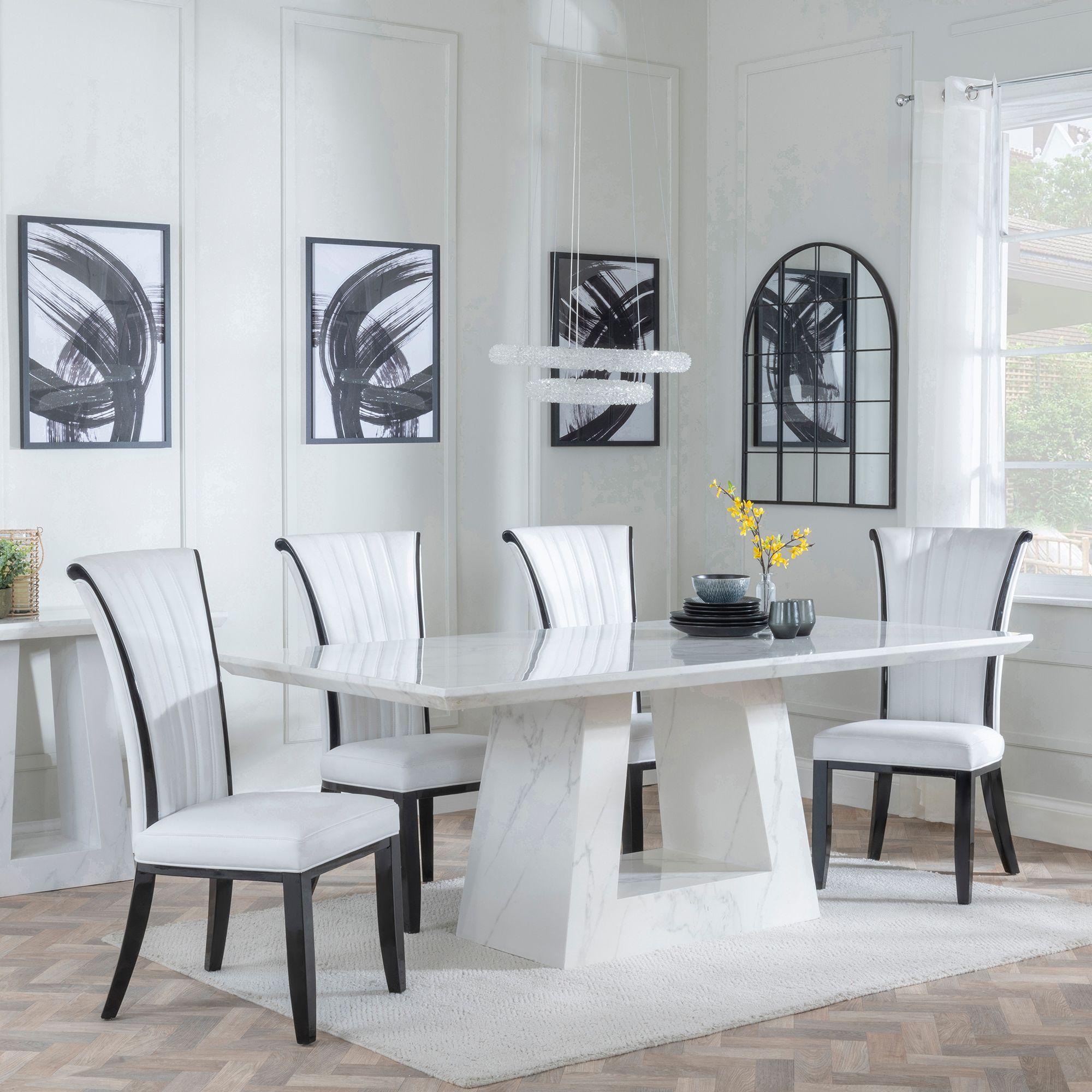 Milan Dining Set - 6 Seater - 160cm - White Marble - Cadiz Dining Chairs - White Leather