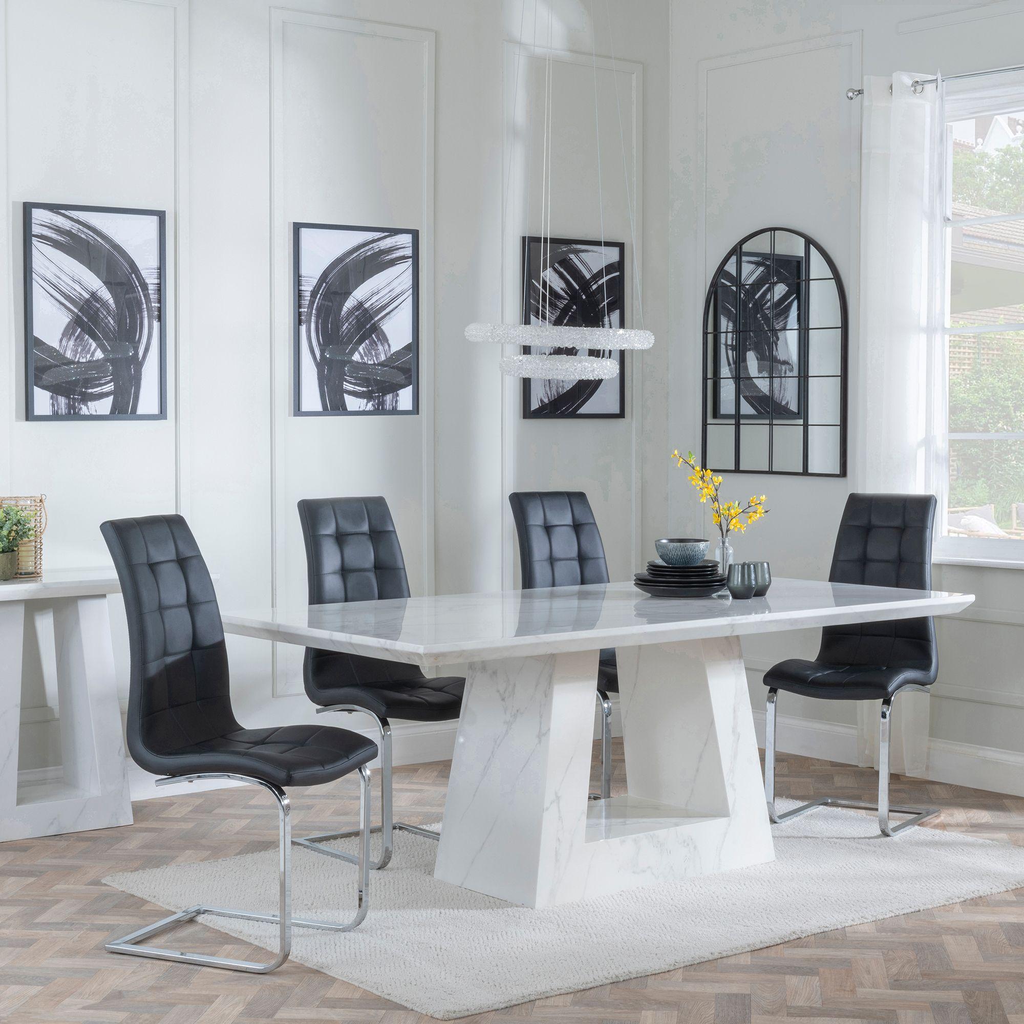 Milan Dining Set - 6 Seater - 160cm - White Marble - Jamison Dining Chairs - Black Faux Leather