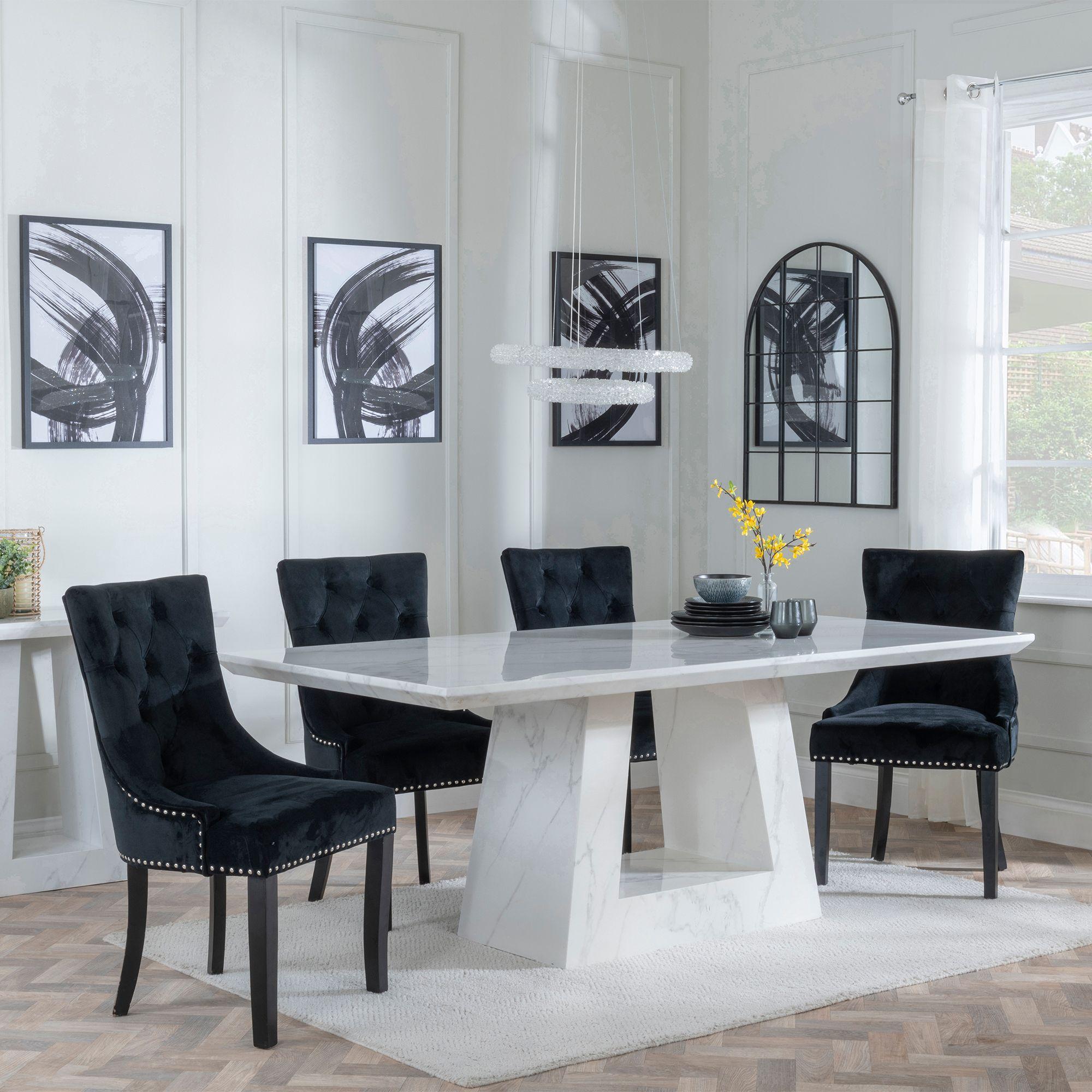 Milan Dining Set - 6 Seater - 160cm - White Marble - Knocker Back Dining Chairs - Black Velvet Fabric - Black Wooden Legs
