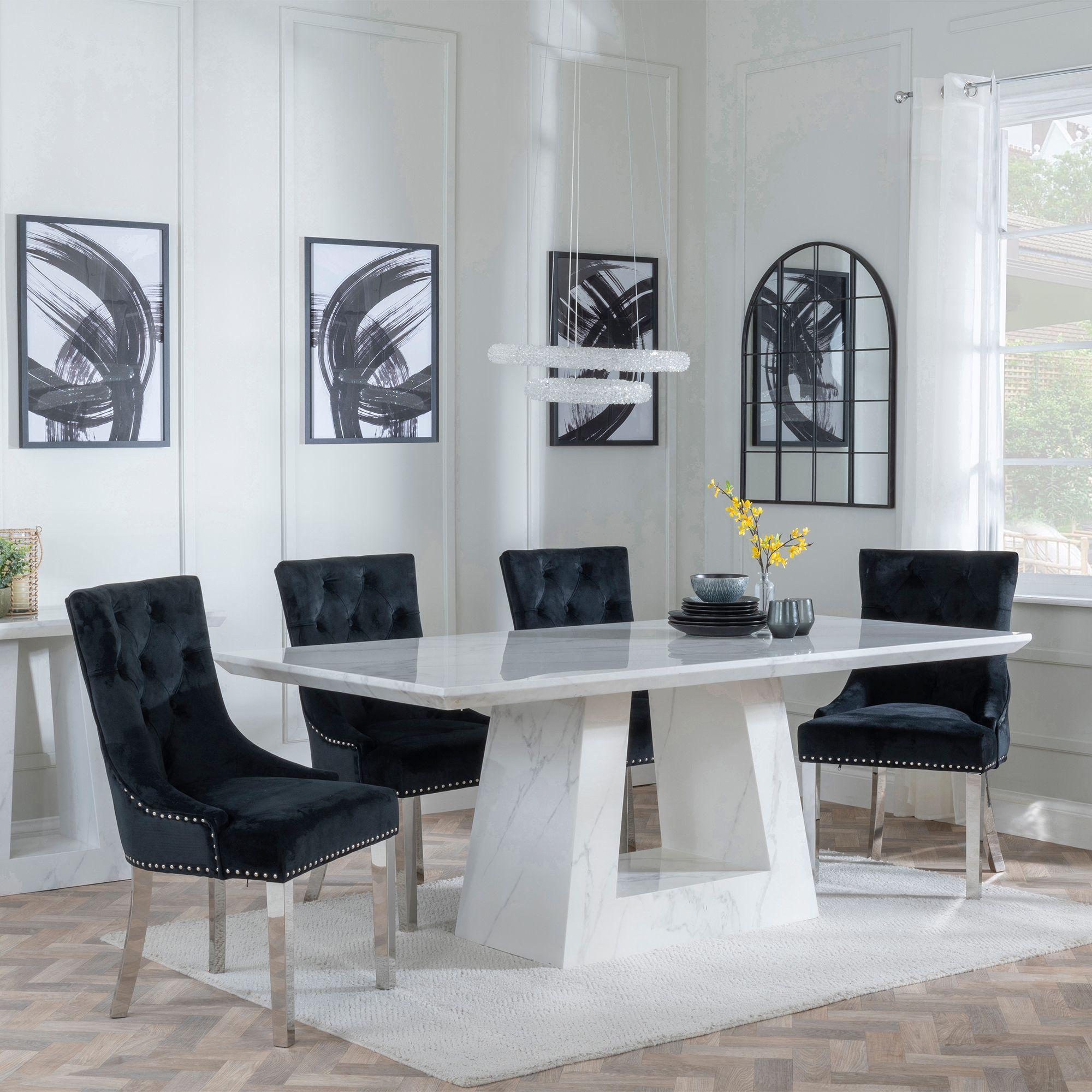 Milan Dining Set - 6 Seater - 160cm - White Marble - Knocker Back Dining Chairs - Black Velvet Fabric - Chrome Legs