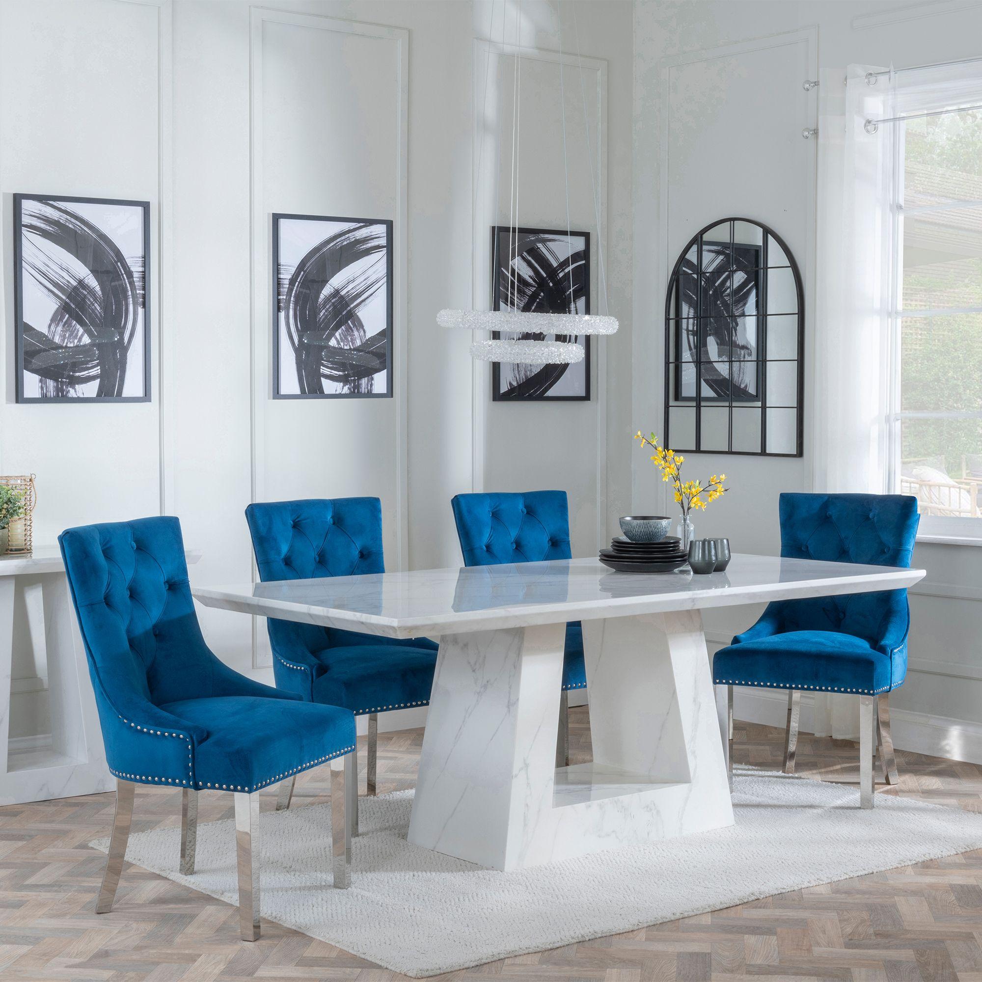 Milan Dining Set - 6 Seater - 160cm - White Marble - Knocker Back Dining Chairs - Blue Velvet Fabric - Chrome Legs