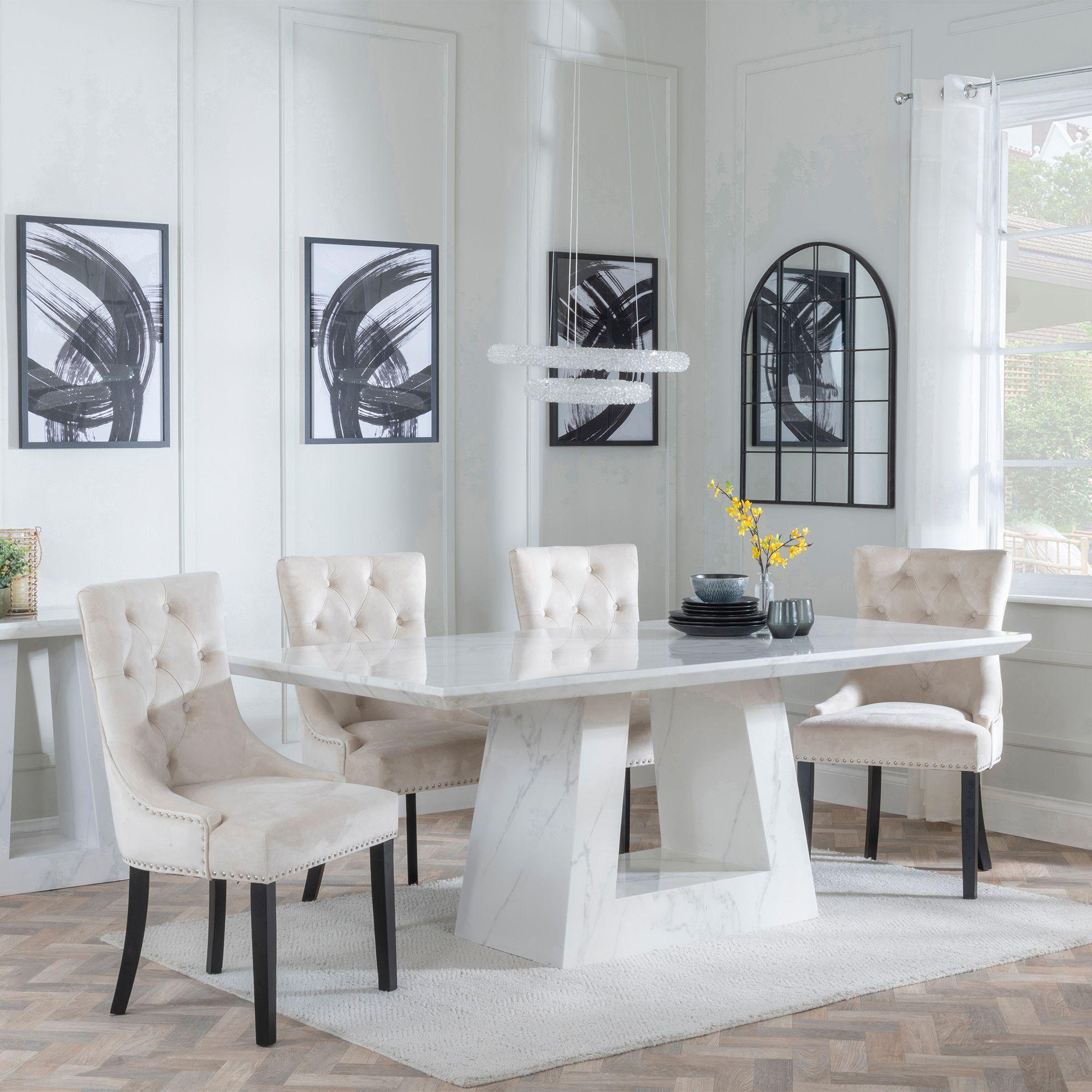 Milan Dining Set - 6 Seater - 160cm - White Marble - Knocker Back Dining Chairs - Champagne Velvet Fabric - Black Wooden Legs