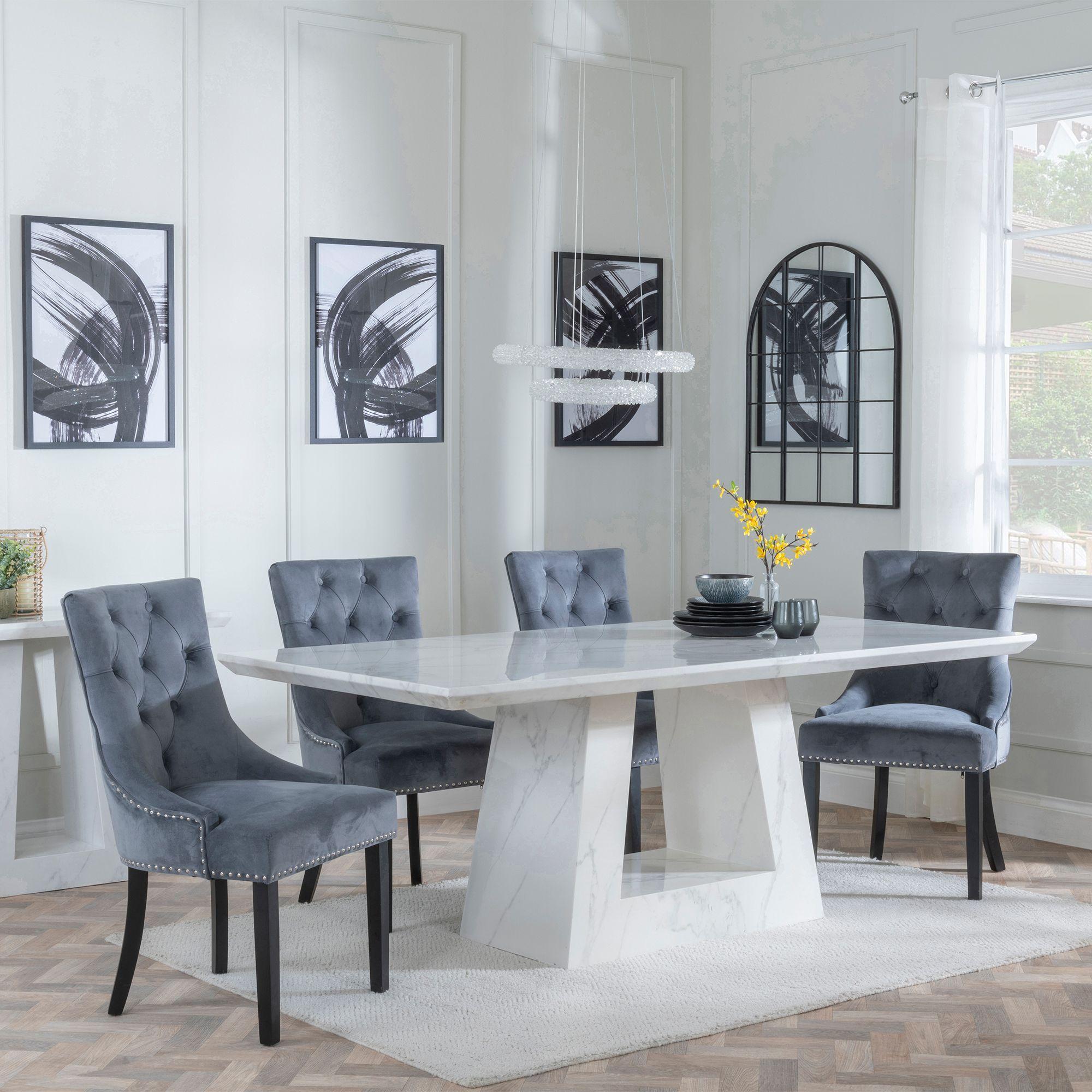 Milan Dining Set - 6 Seater - 160cm - White Marble - Knocker Back Dining Chairs - Grey Velvet Fabric - Black Wooden Legs