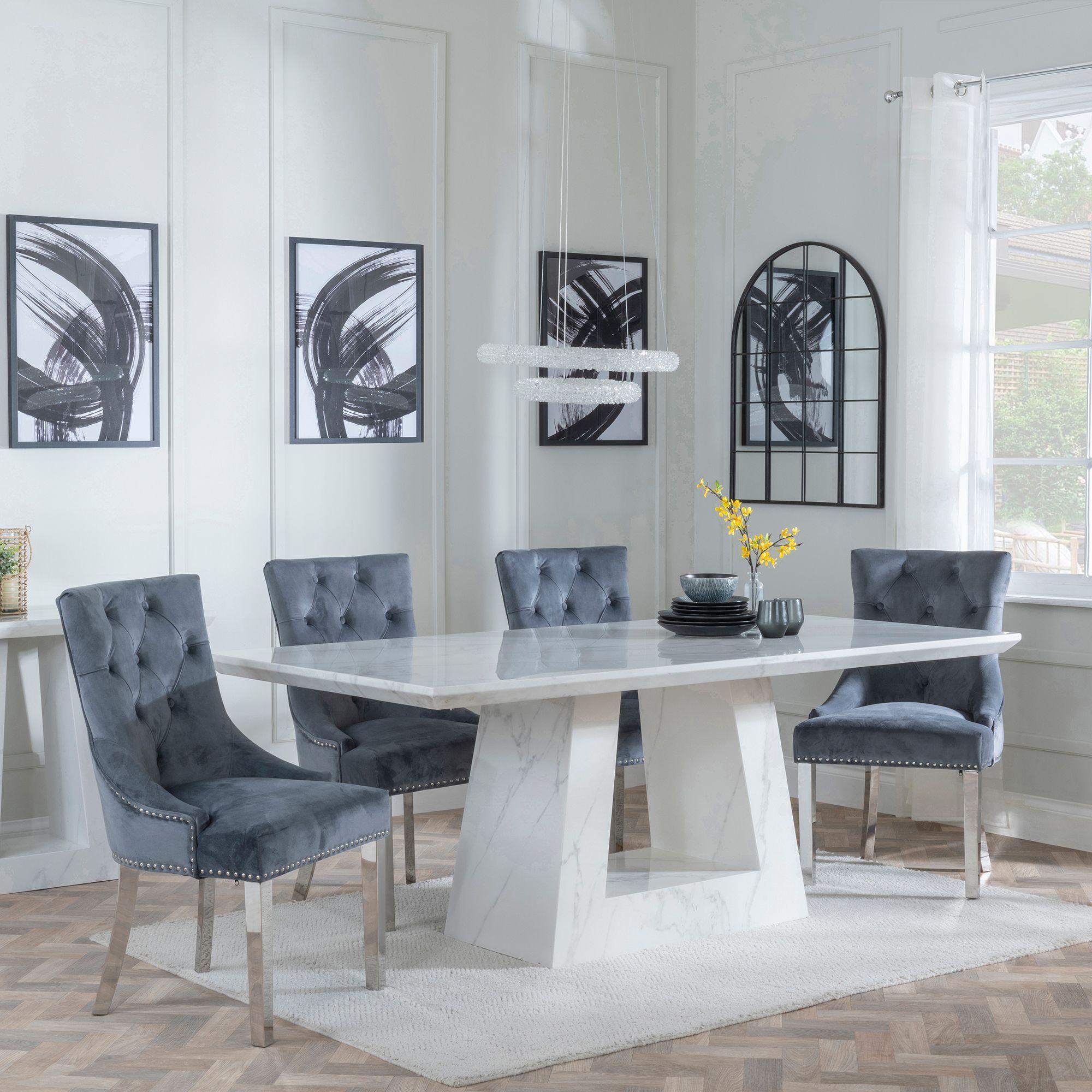 Milan Dining Set - 6 Seater - 160cm - White Marble - Knocker Back Dining Chairs - Grey Velvet Fabric - Chrome Legs