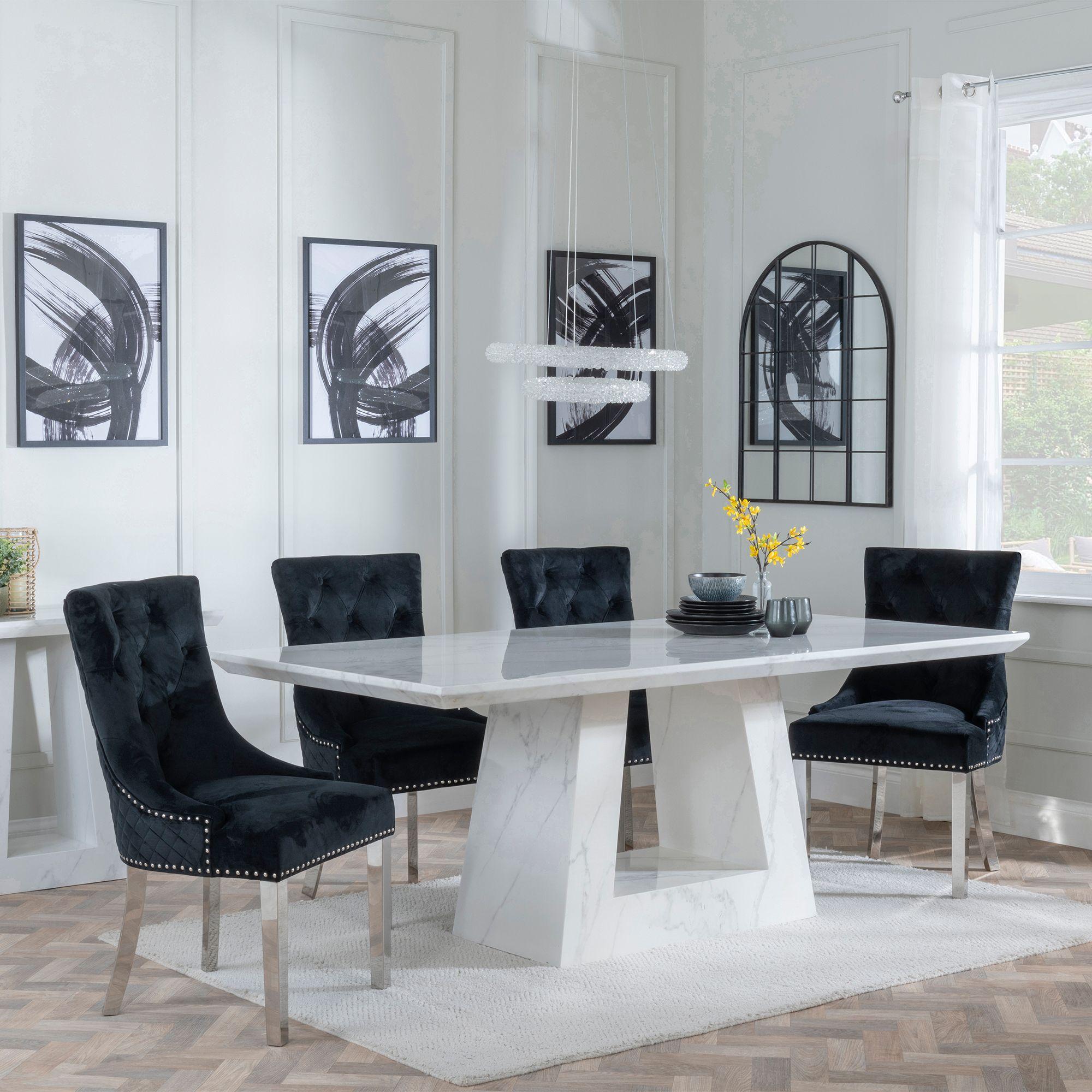 Milan Dining Set - 6 Seater - 160cm - White Marble - Lion Knocker Back Dining Chairs - Black Velvet Fabric - Chrome Legs