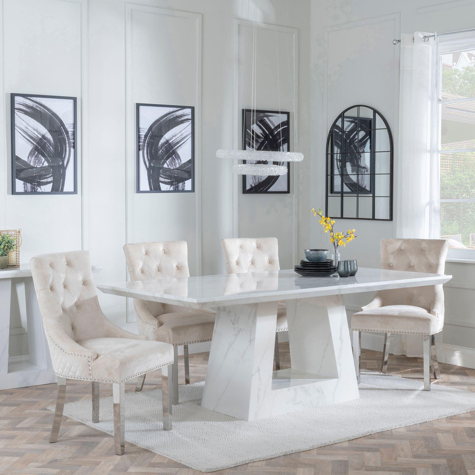 Milan Dining Set - 6 Seater - 160cm - White Marble - Lion Knocker Back Dining Chairs - Champagne Velvet Fabric - Chrome Legs