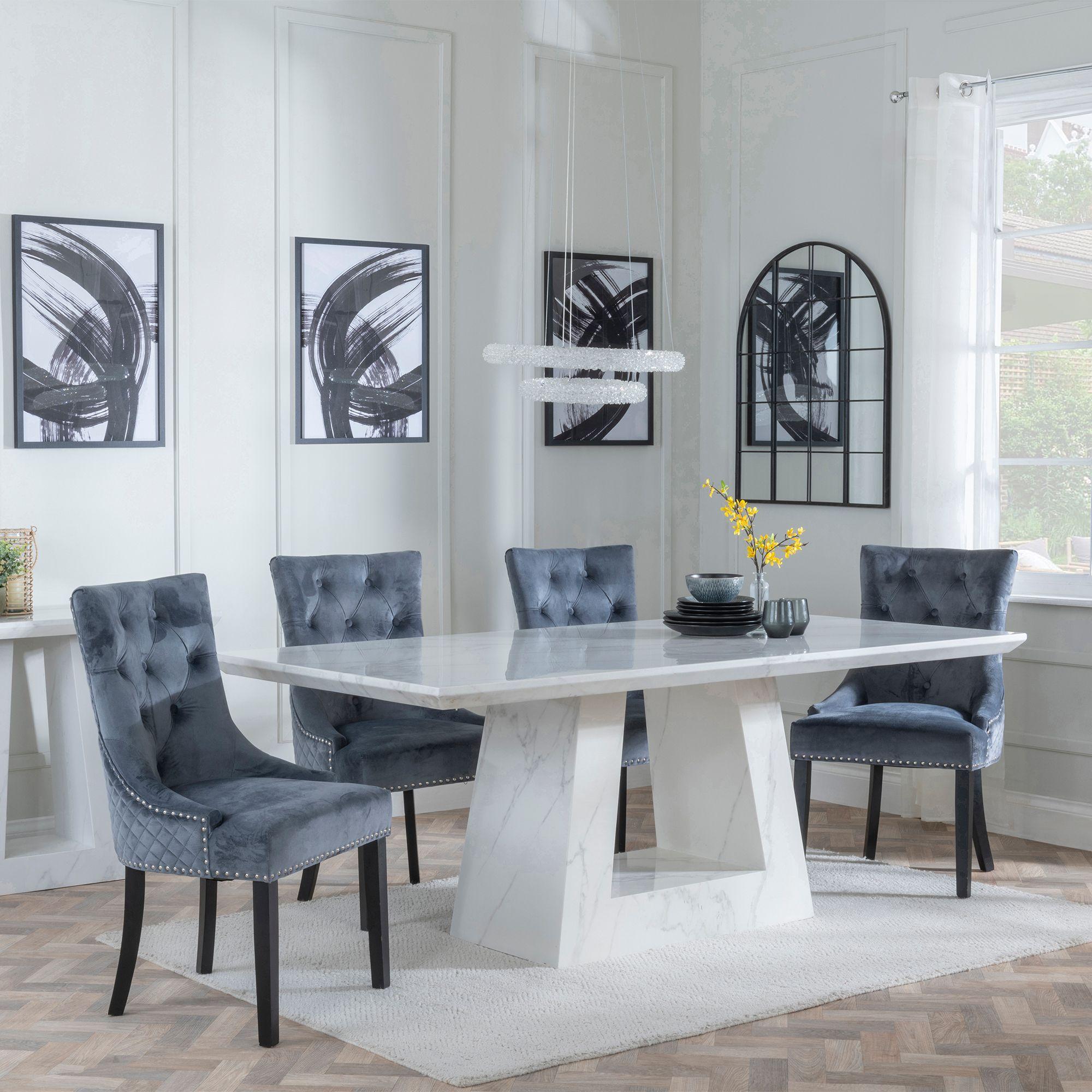 Milan Dining Set - 6 Seater - 160cm - White Marble - Lion Knocker Back Dining Chairs - Grey Velvet Fabric - Black Wooden Legs