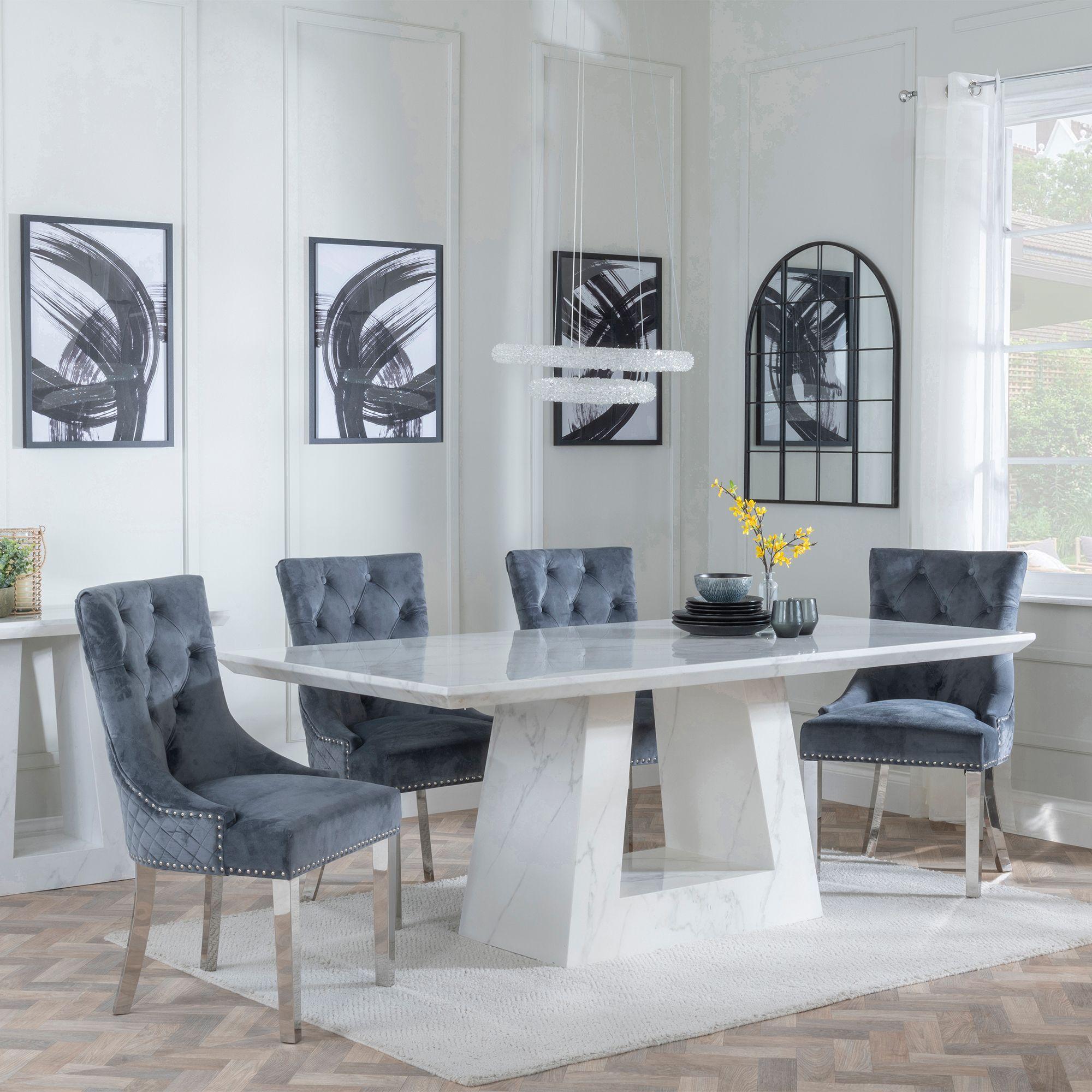 Milan Dining Set - 6 Seater - 160cm - White Marble - Lion Knocker Back Dining Chairs - Grey Velvet Fabric - Chrome Legs