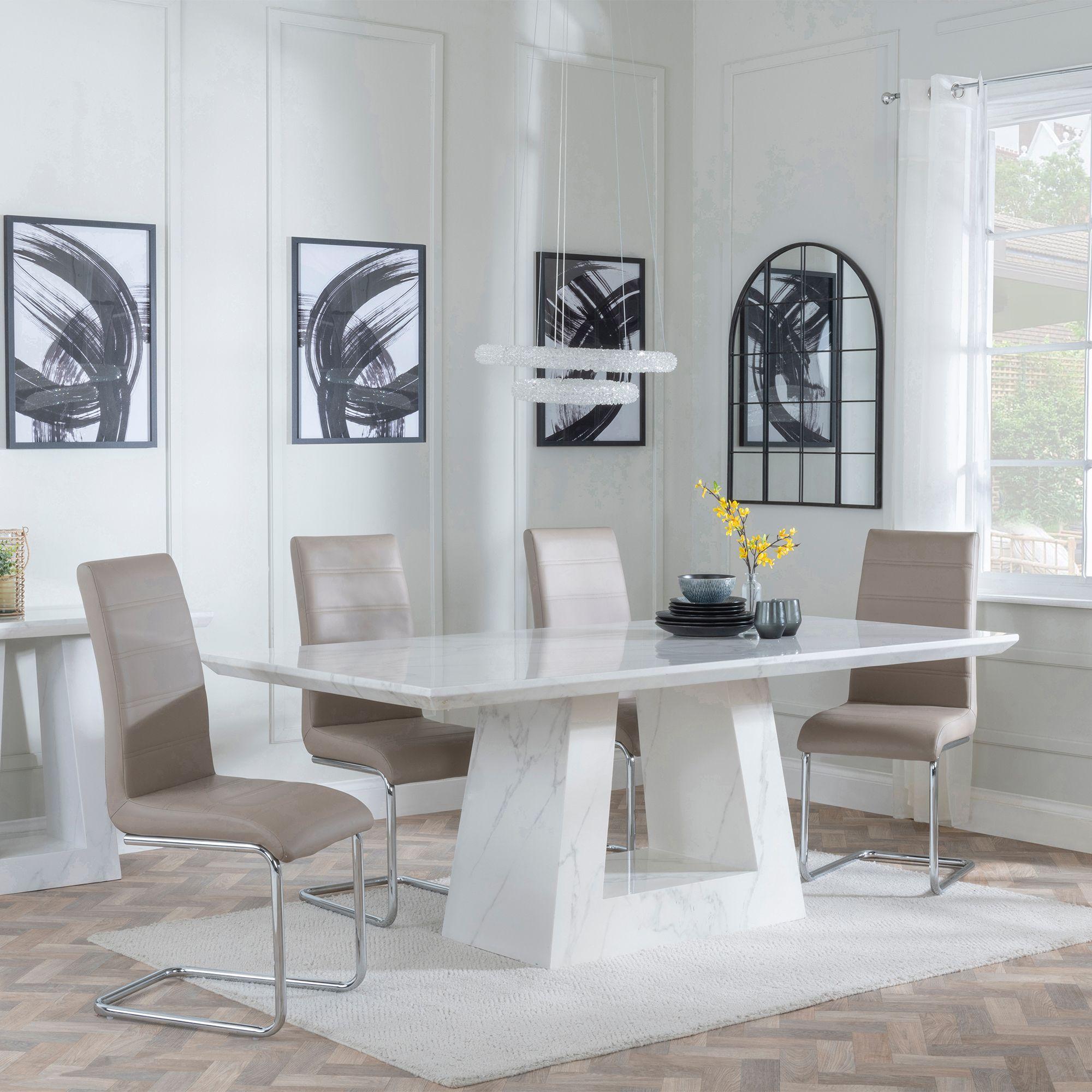 Milan Dining Set - 6 Seater - 160cm - White Marble - Roma Dining Chairs - Beige Faux Leather