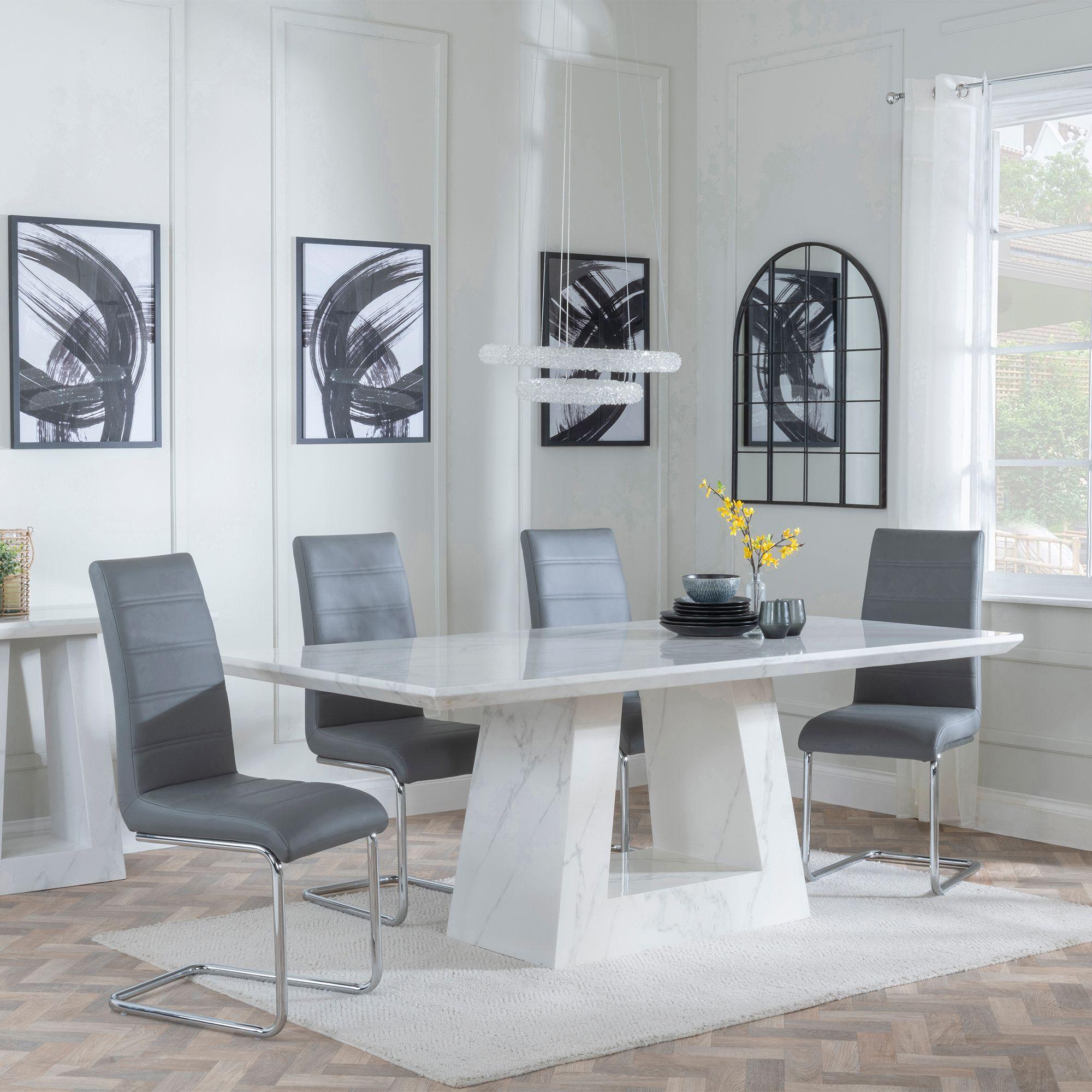 Milan Dining Set - 6 Seater - 160cm - White Marble - Roma Dining Chairs - Grey Faux Leather