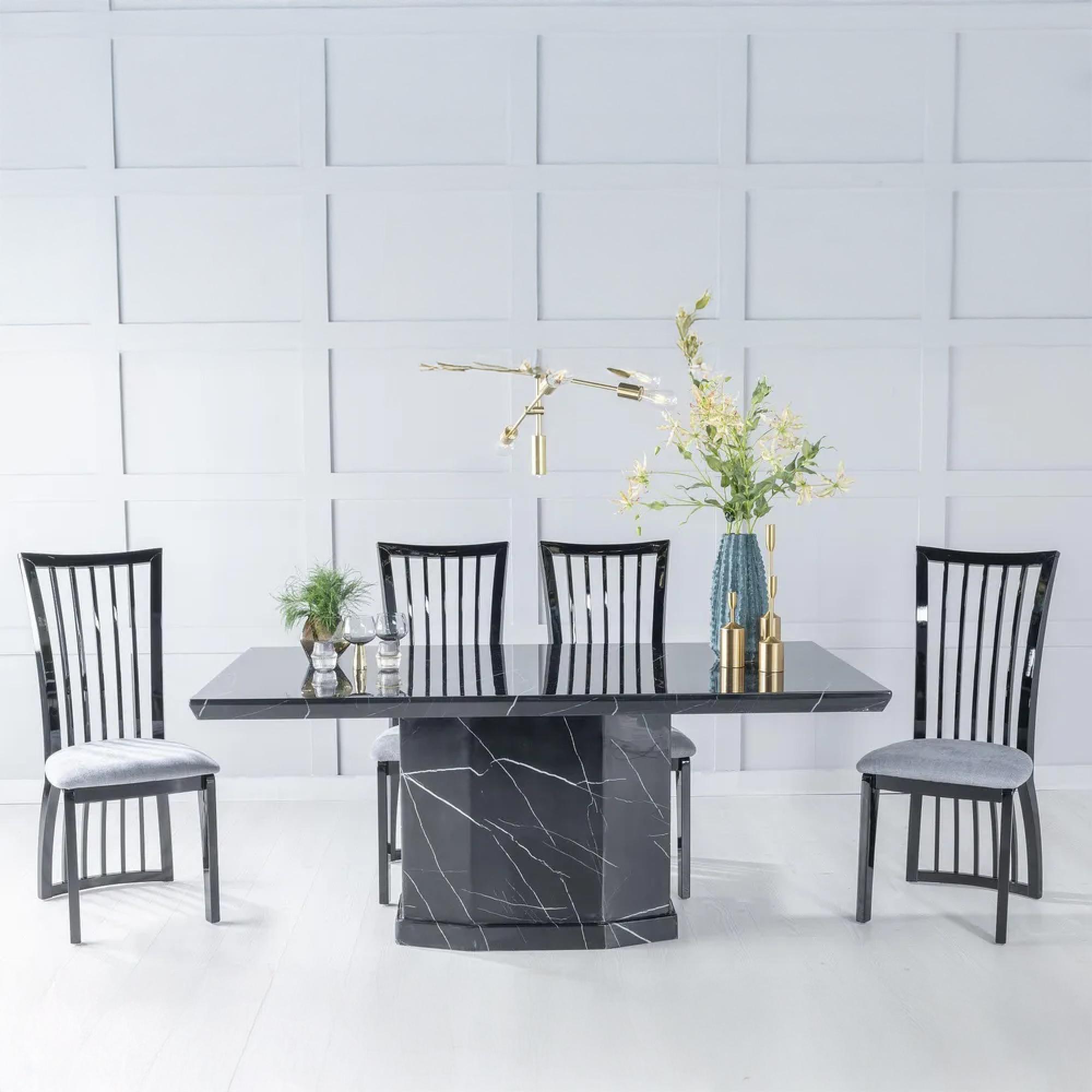 Naples Dining Set - 6 Seater - 160cm - Black Marble - Athena Dining Chairs - Black High Gloss - Slatted Back - Grey Seat Pads