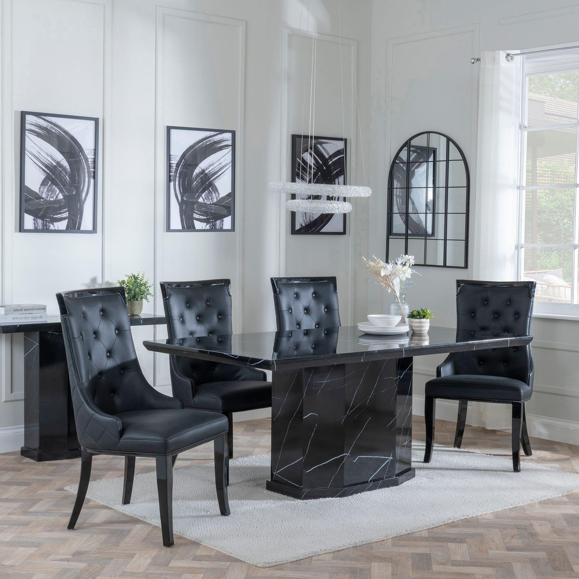 Naples Dining Set - 6 Seater - 160cm - Black Marble - Carmela Dining Chairs - Black Leather