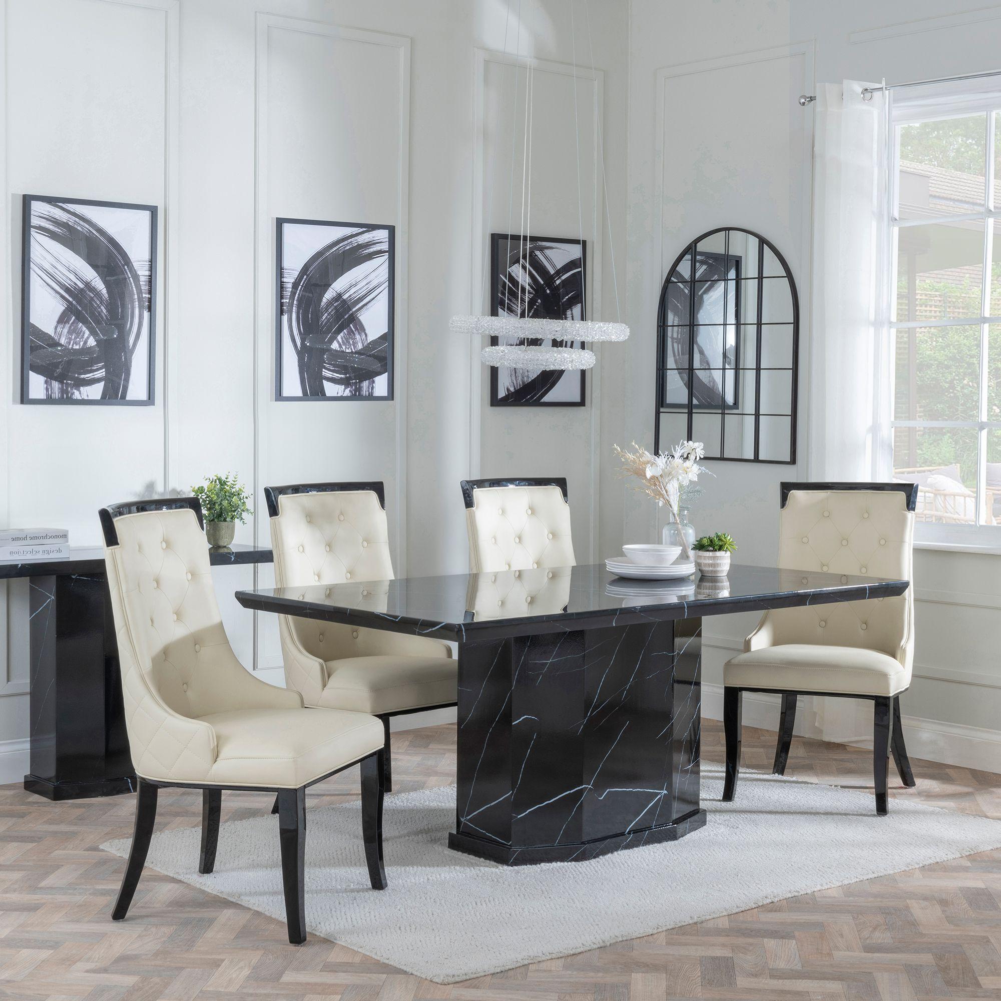 Naples Dining Set - 6 Seater - 160cm - Black Marble - Carmela Dining Chairs - Cream Leather