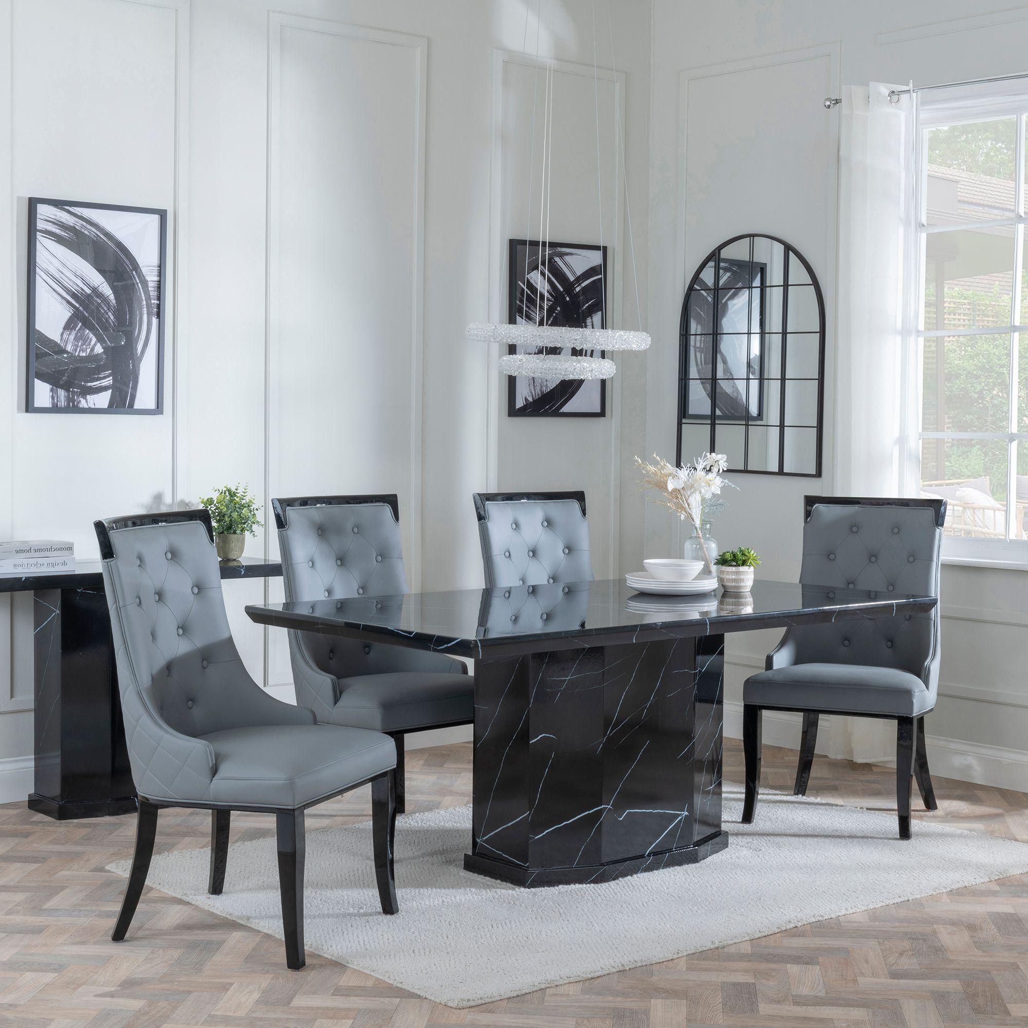Naples Dining Set - 6 Seater - 160cm - Black Marble - Carmela Dining Chairs - Grey Leather