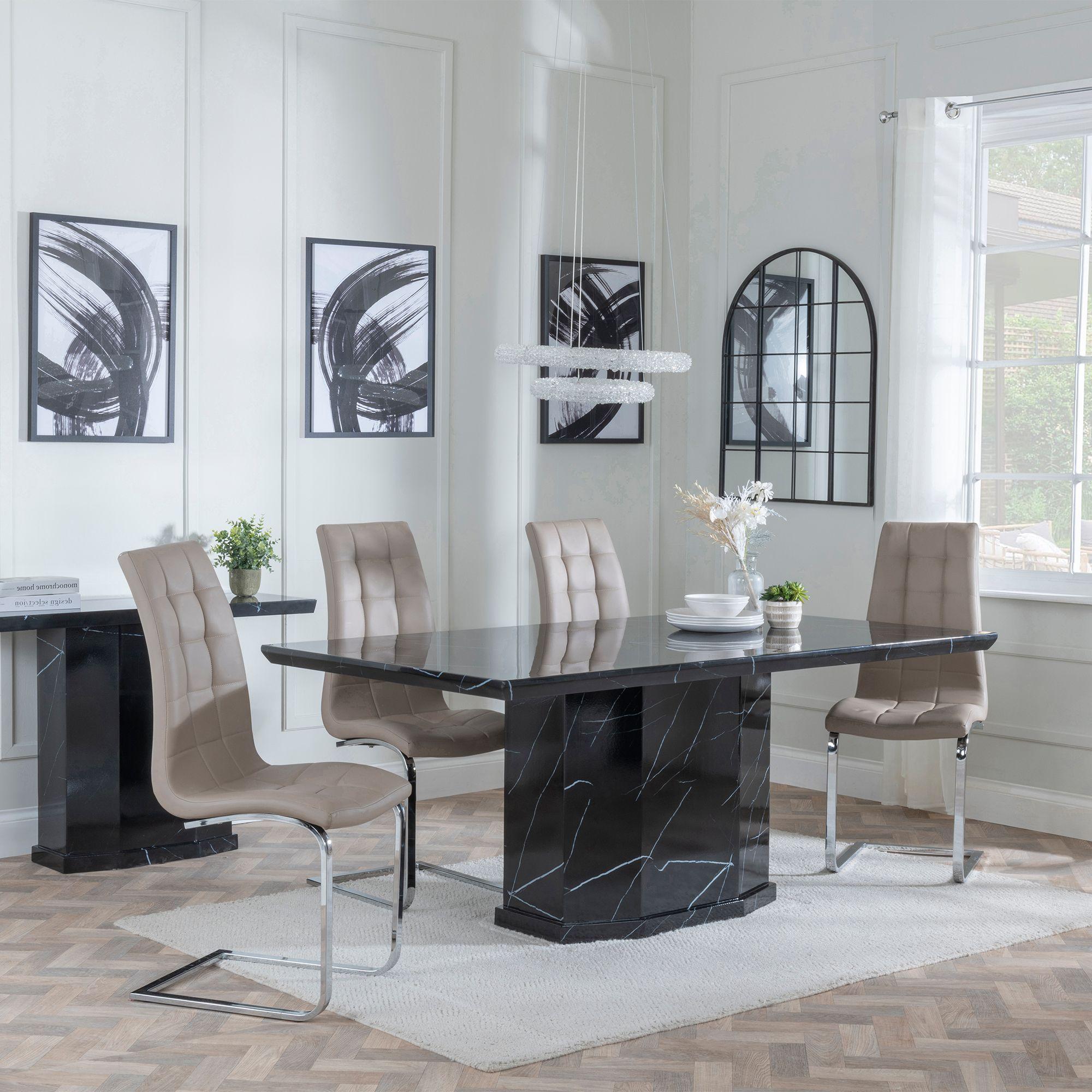 Naples Dining Set - 6 Seater - 160cm - Black Marble - Jamison Dining Chairs - Beige Faux Leather