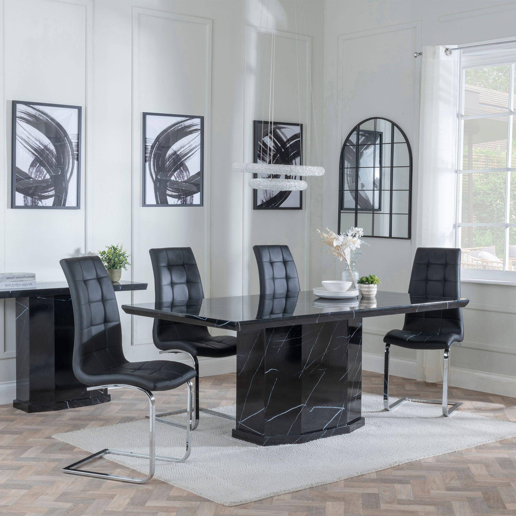 Naples Dining Set - 6 Seater - 160cm - Black Marble - Jamison Dining Chairs - Black Faux Leather
