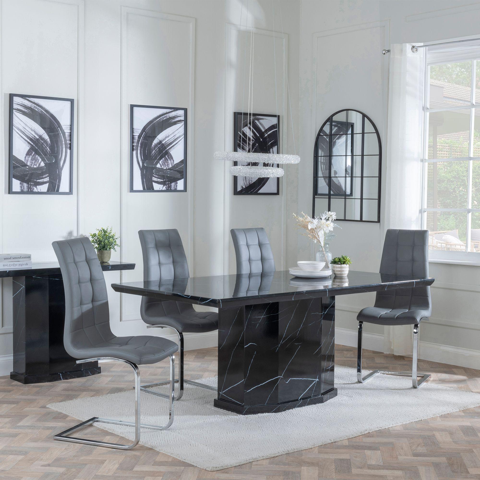 Naples Dining Set - 6 Seater - 160cm - Black Marble - Jamison Dining Chairs - Grey Faux Leather