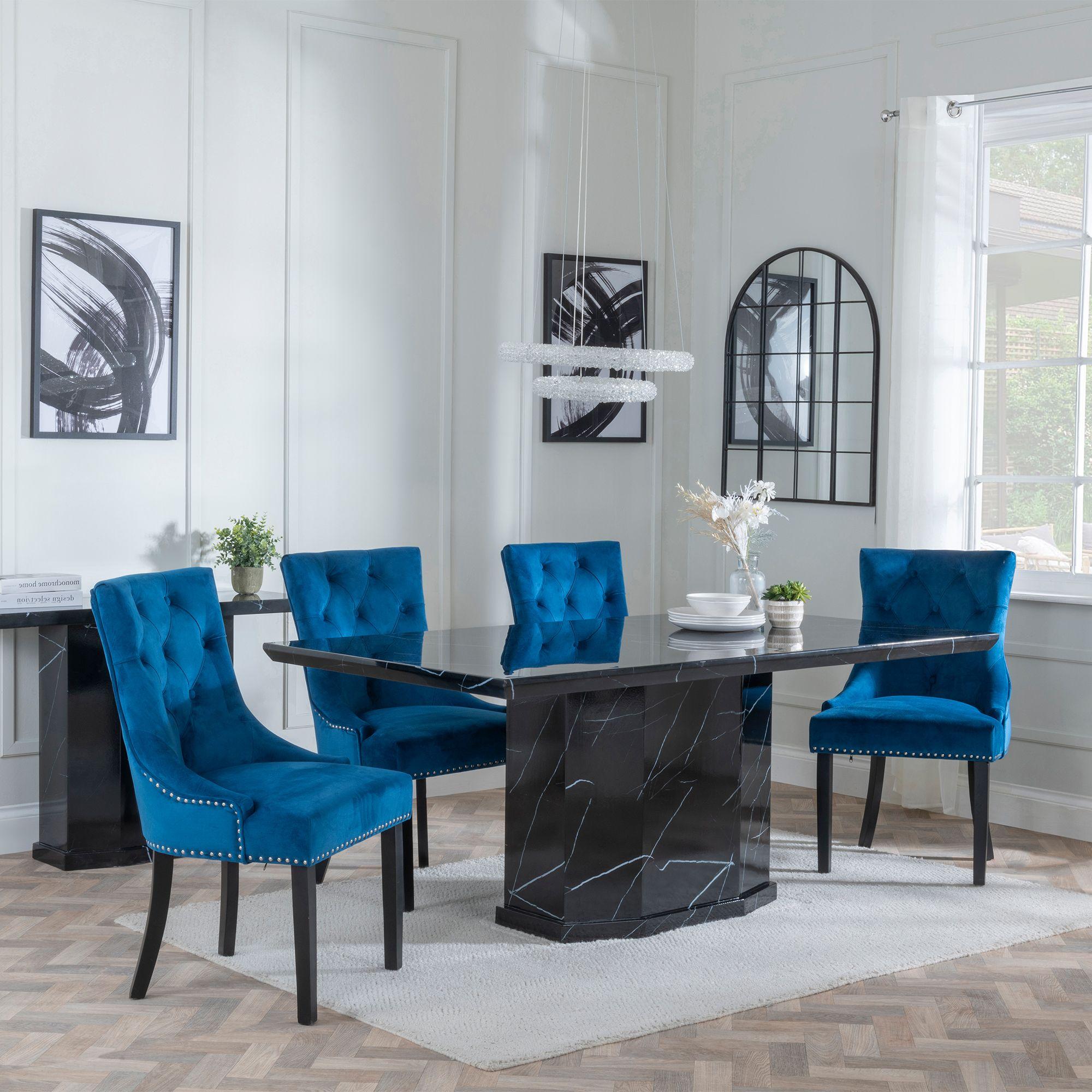 Naples Dining Set - 6 Seater - 160cm - Black Marble - Knocker Back Dining Chairs - Blue Velvet Fabric - Black Wooden Legs