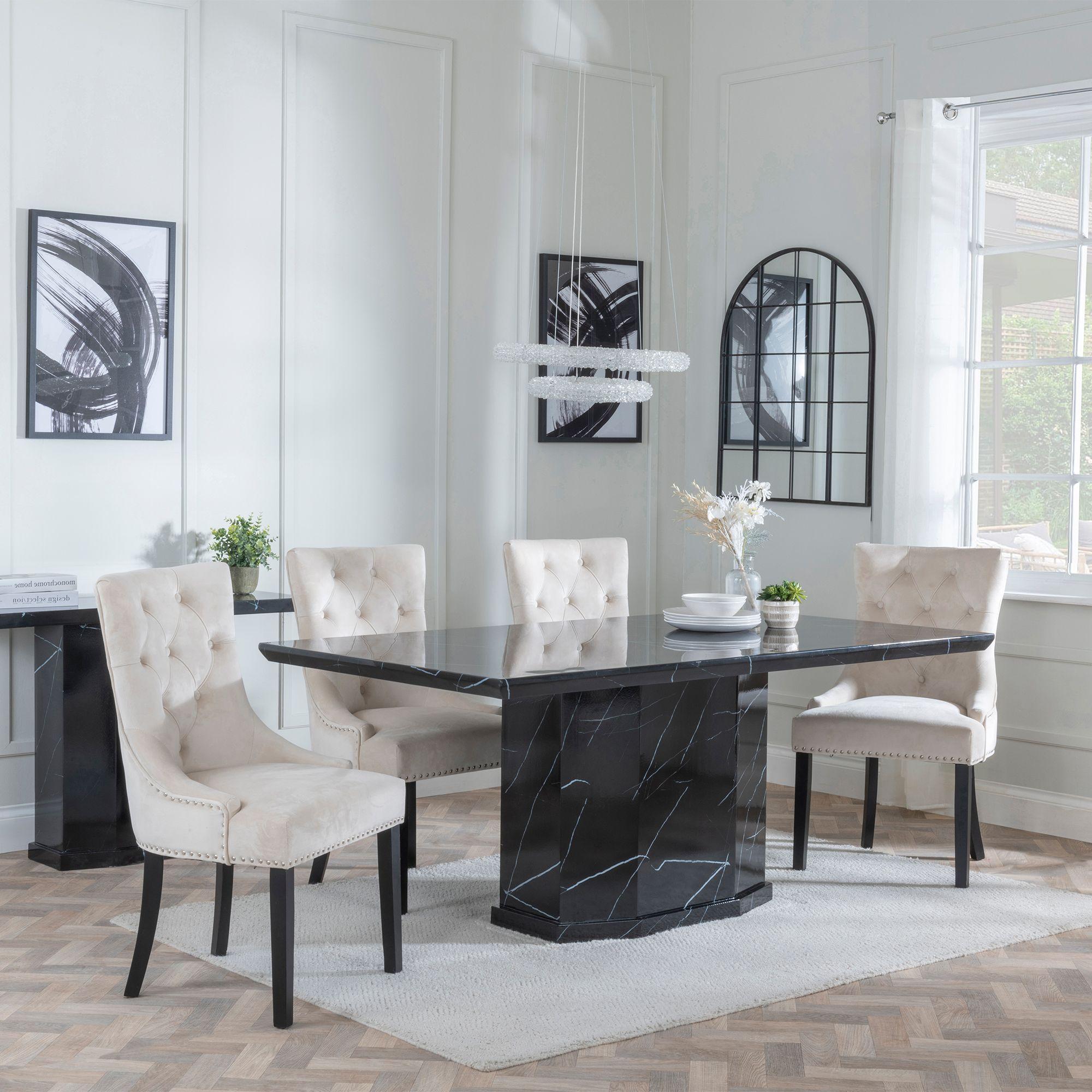 Naples Dining Set - 6 Seater - 160cm - Black Marble - Knocker Back Dining Chairs - Champagne Velvet Fabric - Black Wooden Legs