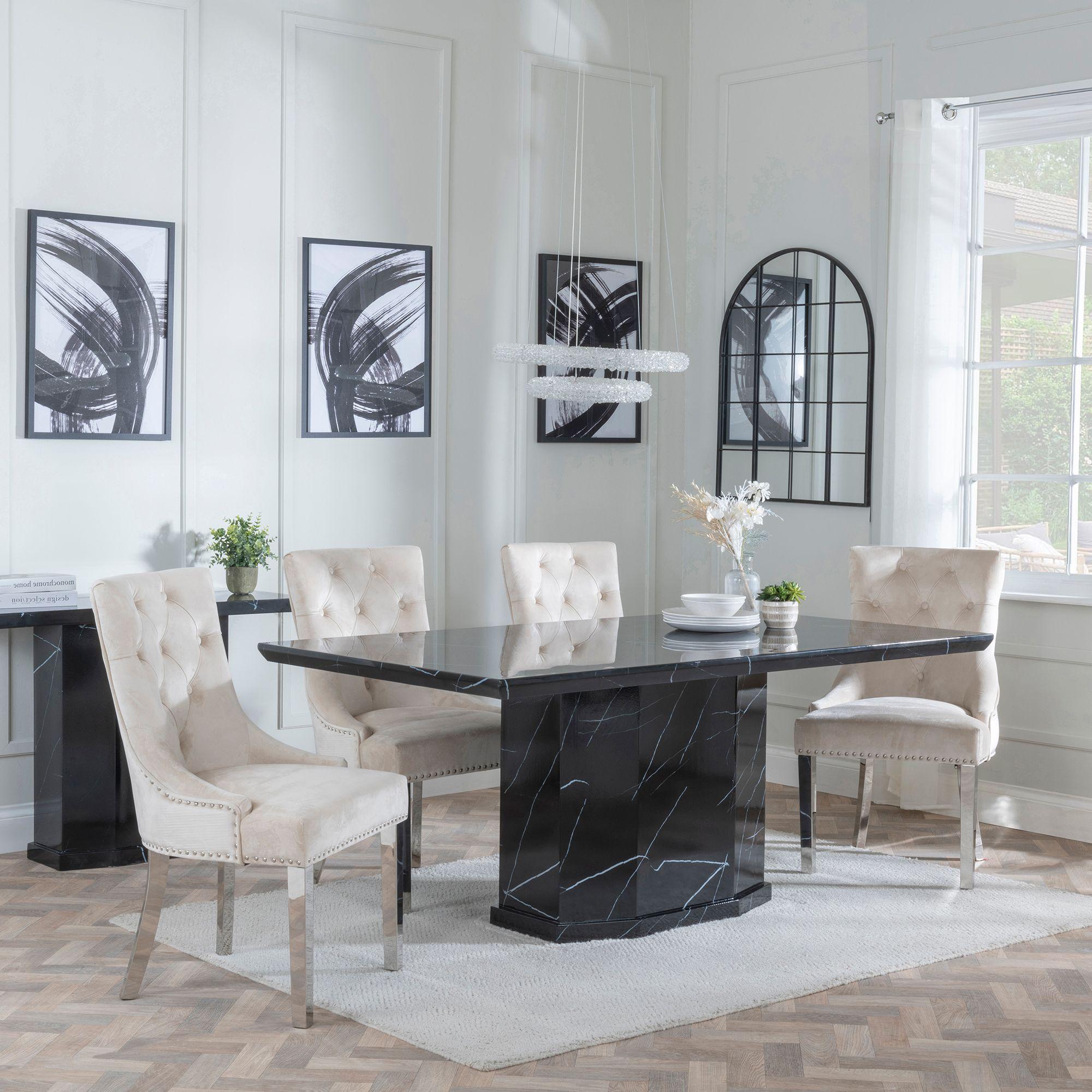 Naples Dining Set - 6 Seater - 160cm - Black Marble - Knocker Back Dining Chairs - Champagne Velvet Fabric - Chrome Legs