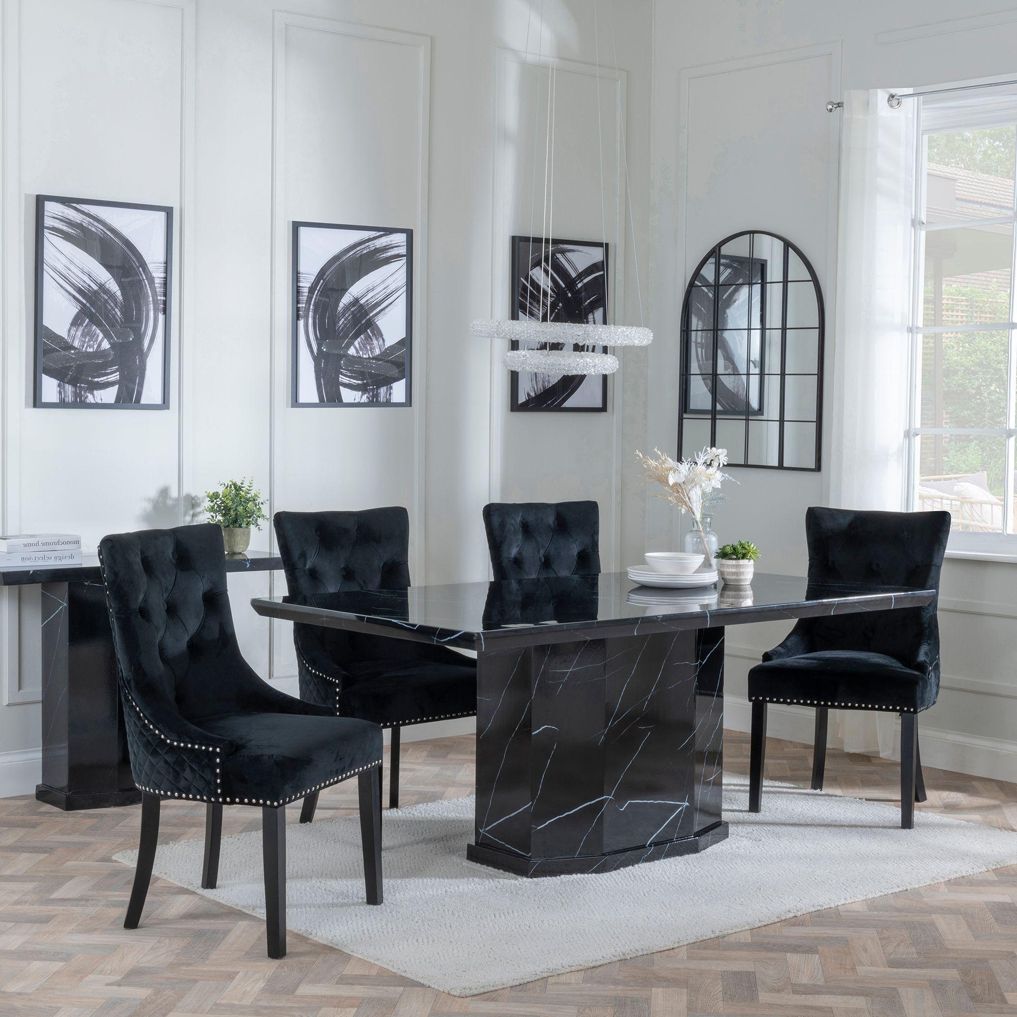 Naples Dining Set - 6 Seater - 160cm - Black Marble - Lion Knocker Back Dining Chairs - Black Velvet Fabric - Black Wooden Legs