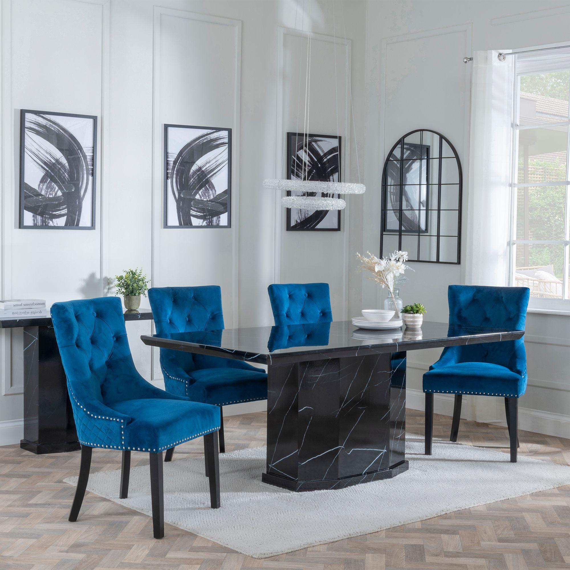 Naples Dining Set - 6 Seater - 160cm - Black Marble - Lion Knocker Back Dining Chairs - Blue Velvet Fabric - Black Wooden Legs