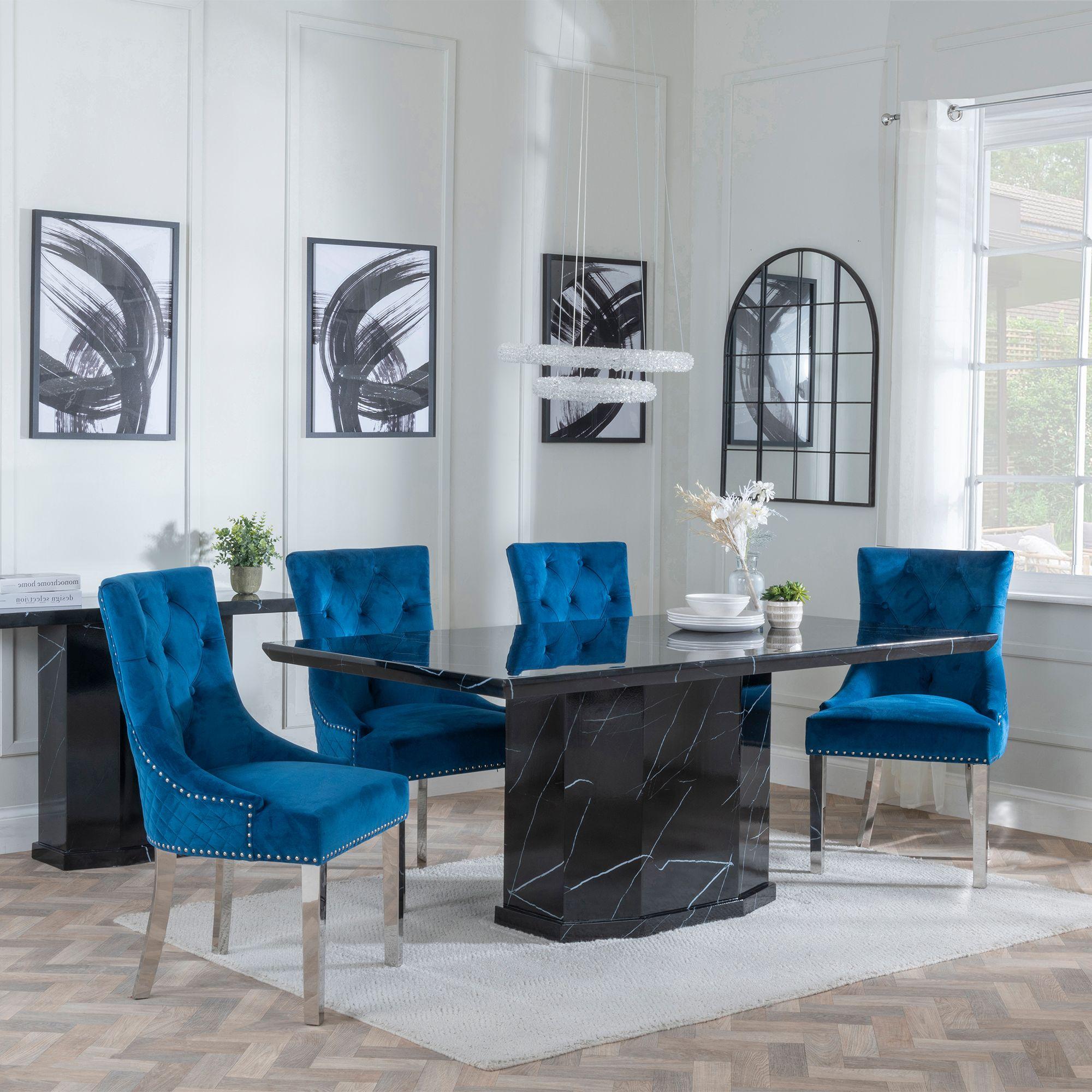 Naples Dining Set - 6 Seater - 160cm - Black Marble - Lion Knocker Back Dining Chairs - Blue Velvet Fabric - Chrome Legs